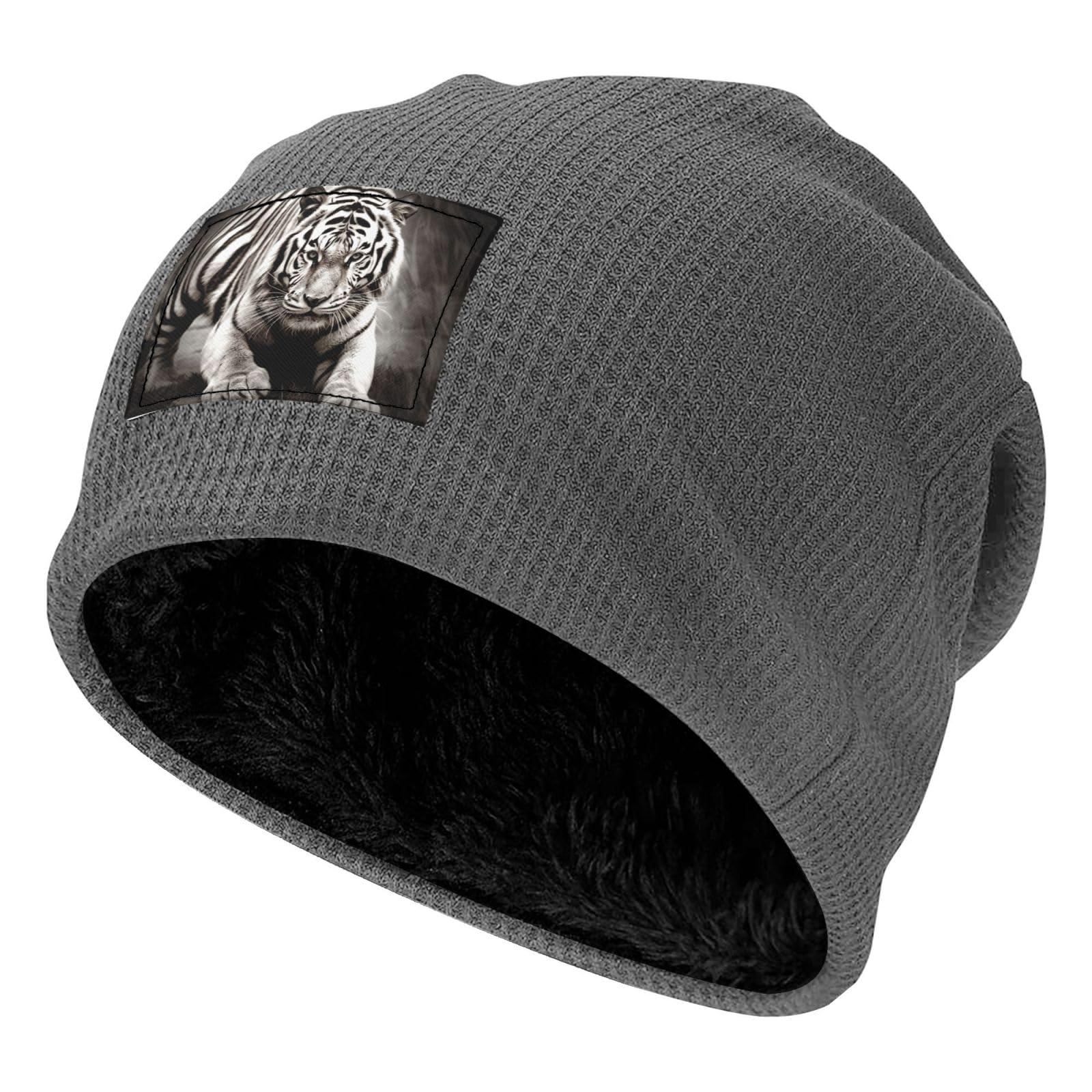 Lktpskqry Unisex Gray Beanie For Men Women Warm Knitted Winter Hats Slouchy Beanies Black And White Tiger Ski Hats Cuffed Skull Cap