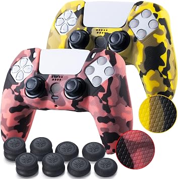 YoRHa Grip Texture Silicone Skin for PS5 Dualsense Controller x 2Print Coral+Yellow with Pro Thumb Grips x 8