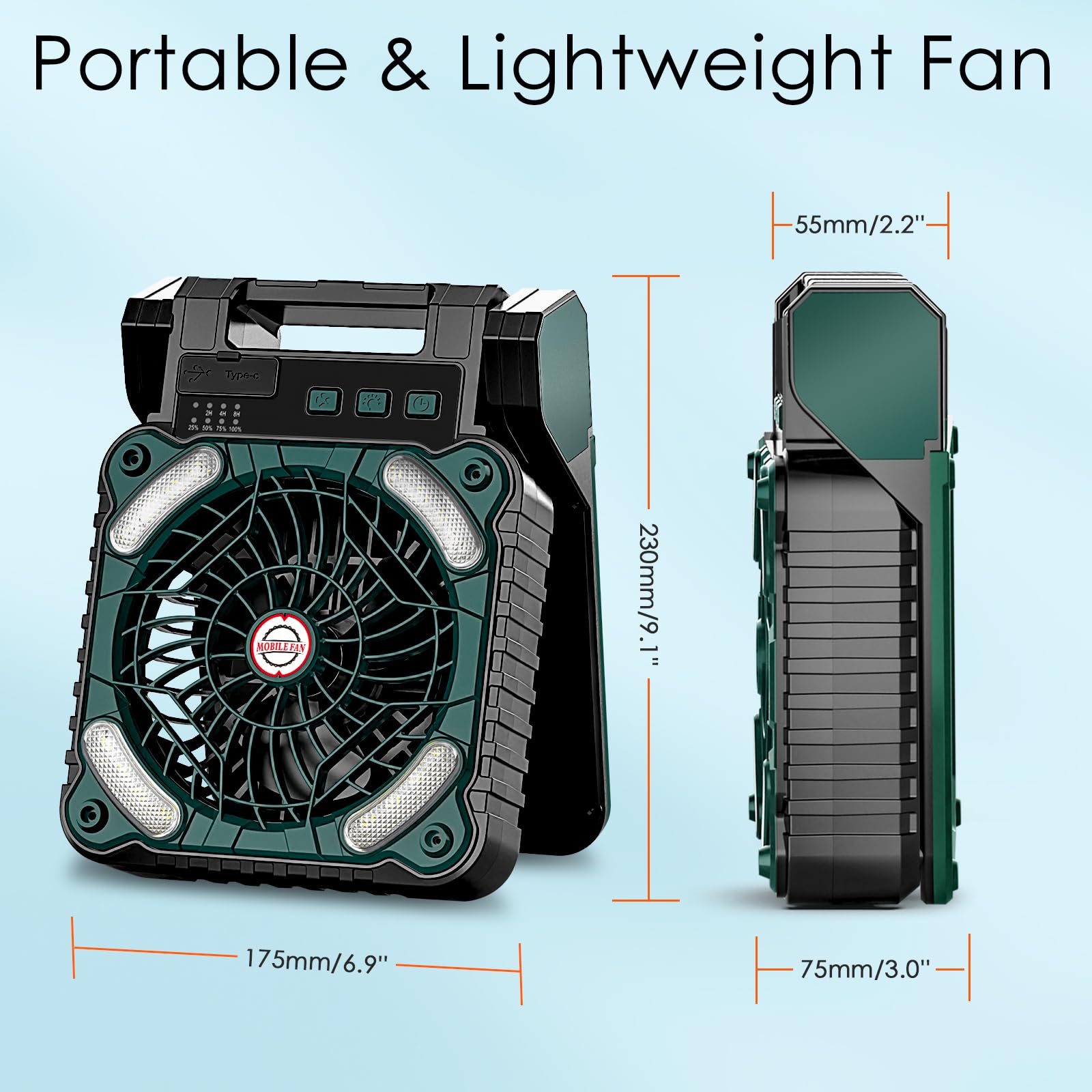 Sendowtek Solar Camping Ventilator 10400mAh, Tragbarer Leistungsstark Leise 4 Geschwindigkeitsstufen mit LED Licht Timer, USB Akku Tischventilator für Outdoor Zelte Wohnmobile Reisen Tisch
