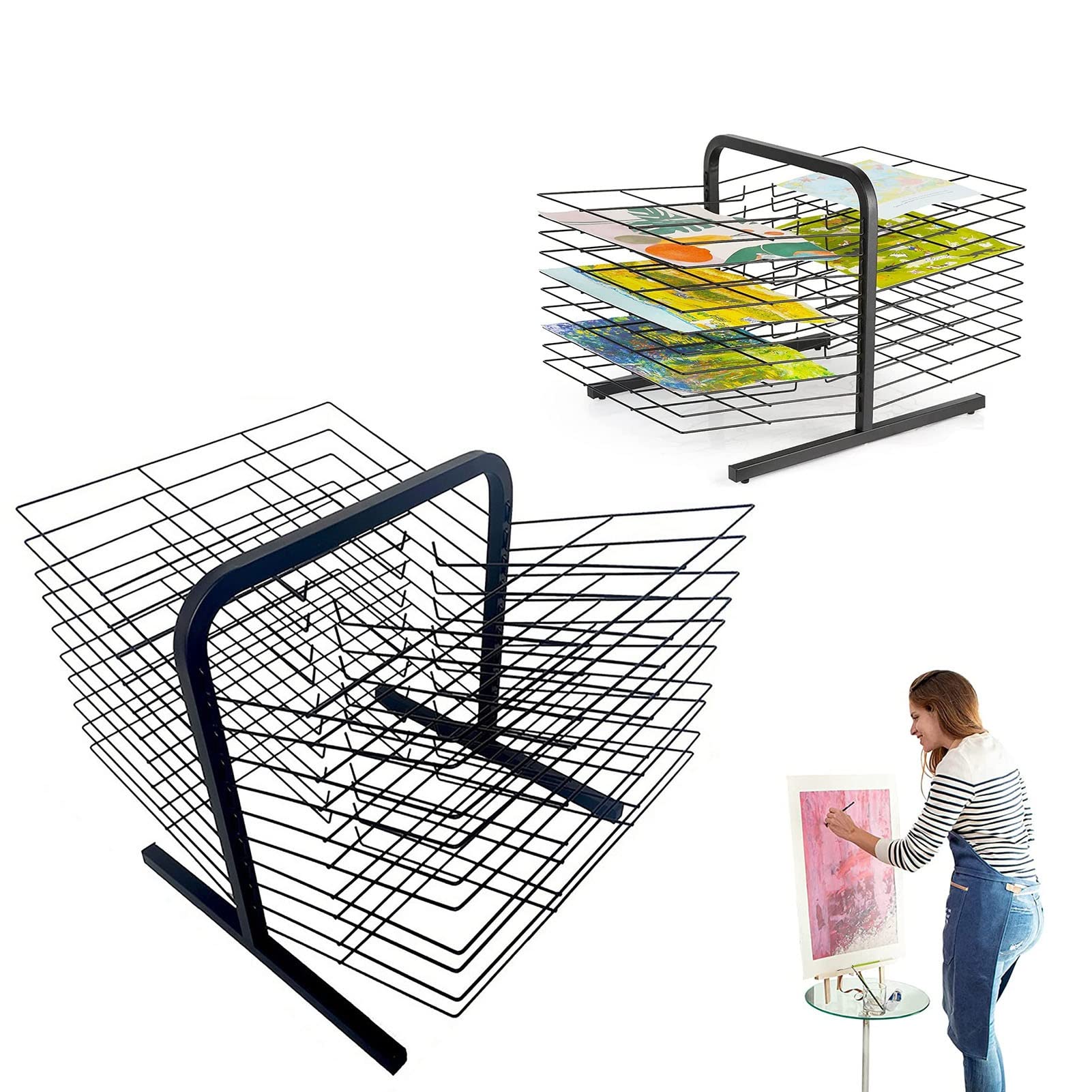 Aioneer Art Drying Rack 25.6 X 17.7 X 16.5 Inches, Metal Double Sided Wire Painting Drying Rack Table Top Artwork Storage Display Rack With 20 Shelves For Classroom, Art Studios