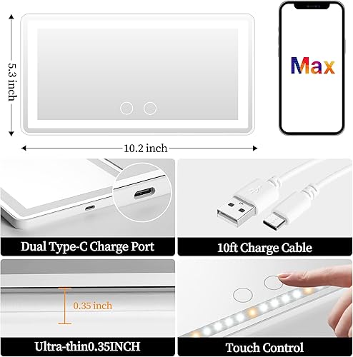 Miniatura 10 de Espejo de tocador para visera de automóvil 2 piezas de espejo de maquillaje LED recargable con 3 modos de luz y pantalla táctil regulable -