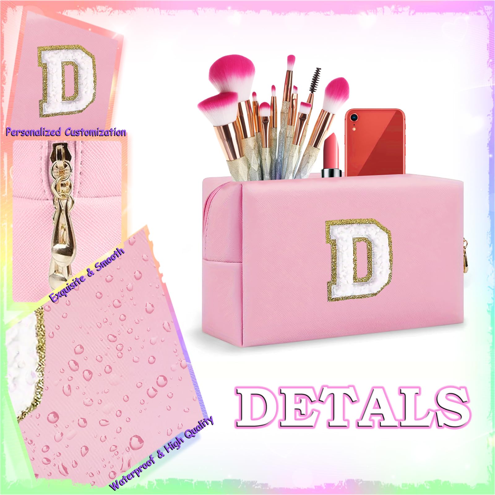 Small Personalized Initial Letter Makeup Bag, Cute Waterproof PU Leather Chenille Letter Cosmetic Bag Travel Makeup Bag, Preppy Makeup Pouch Toiletry Zipper Pouch Organizer for Women and Girls — view 2