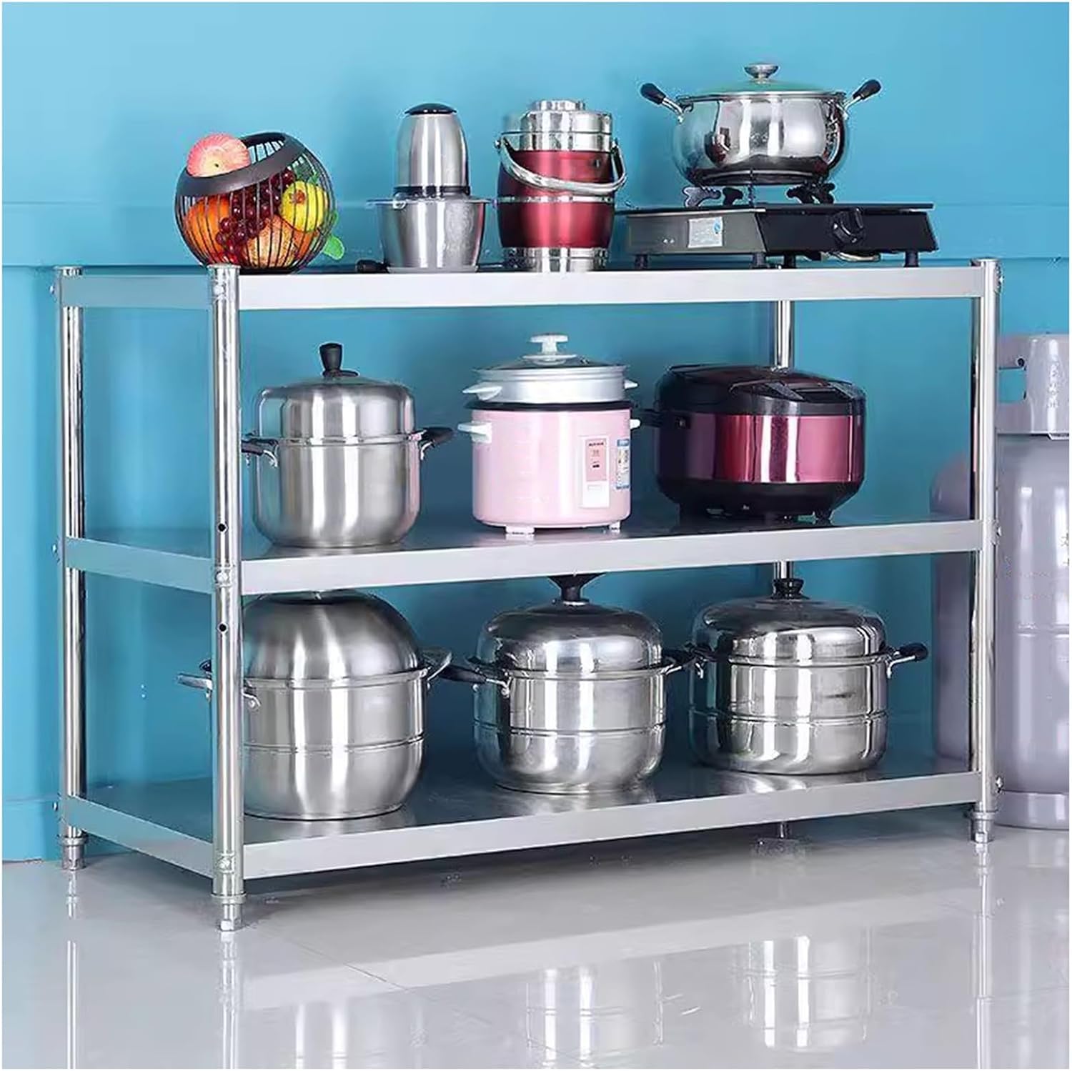 Kitchen Workbench Sturdy Stainless Steel Kitchen Prep Table Open Triple Storage Shelves Multifunctional Metal Table with Adjustable Tiers Large Storage Combo Workbench