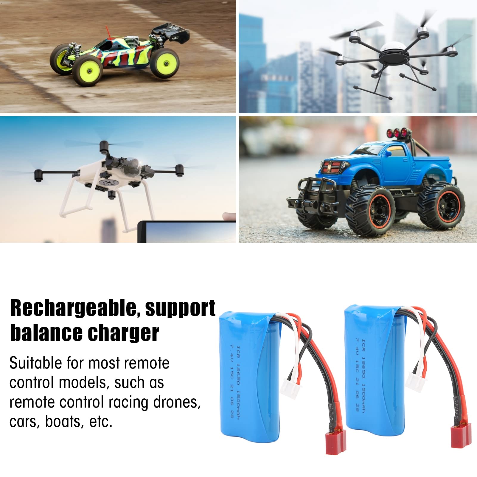 Batterie au Lithium, Longue Durée de Vie, Batterie Lipo, 7,4 V 1500 mAh 15C, Chargeur Équilibre Intégré, pour Voitures RC, Bateaux, Jouets et Autres Appareils Électriques