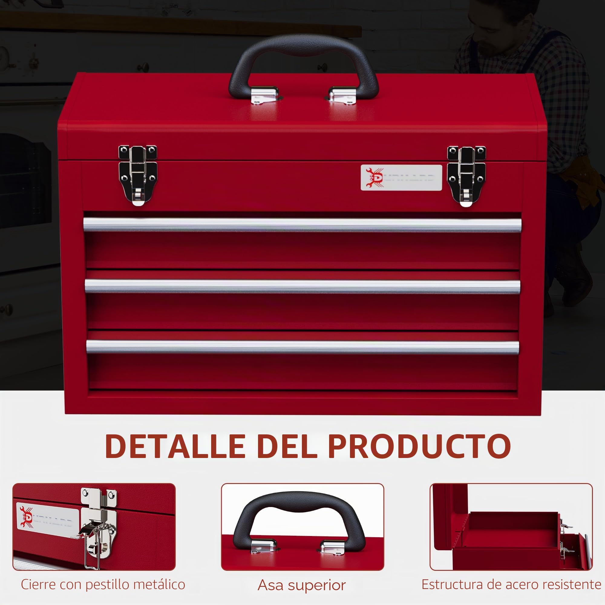 DURHAND Caja de herramientas vacía, 51 x 22 x 32 cm, caja de herramientas con 3 cajones, compartimento de almacenamiento superior, asa, caja de herramientas con 2 cerraduras, de acero, color rojo