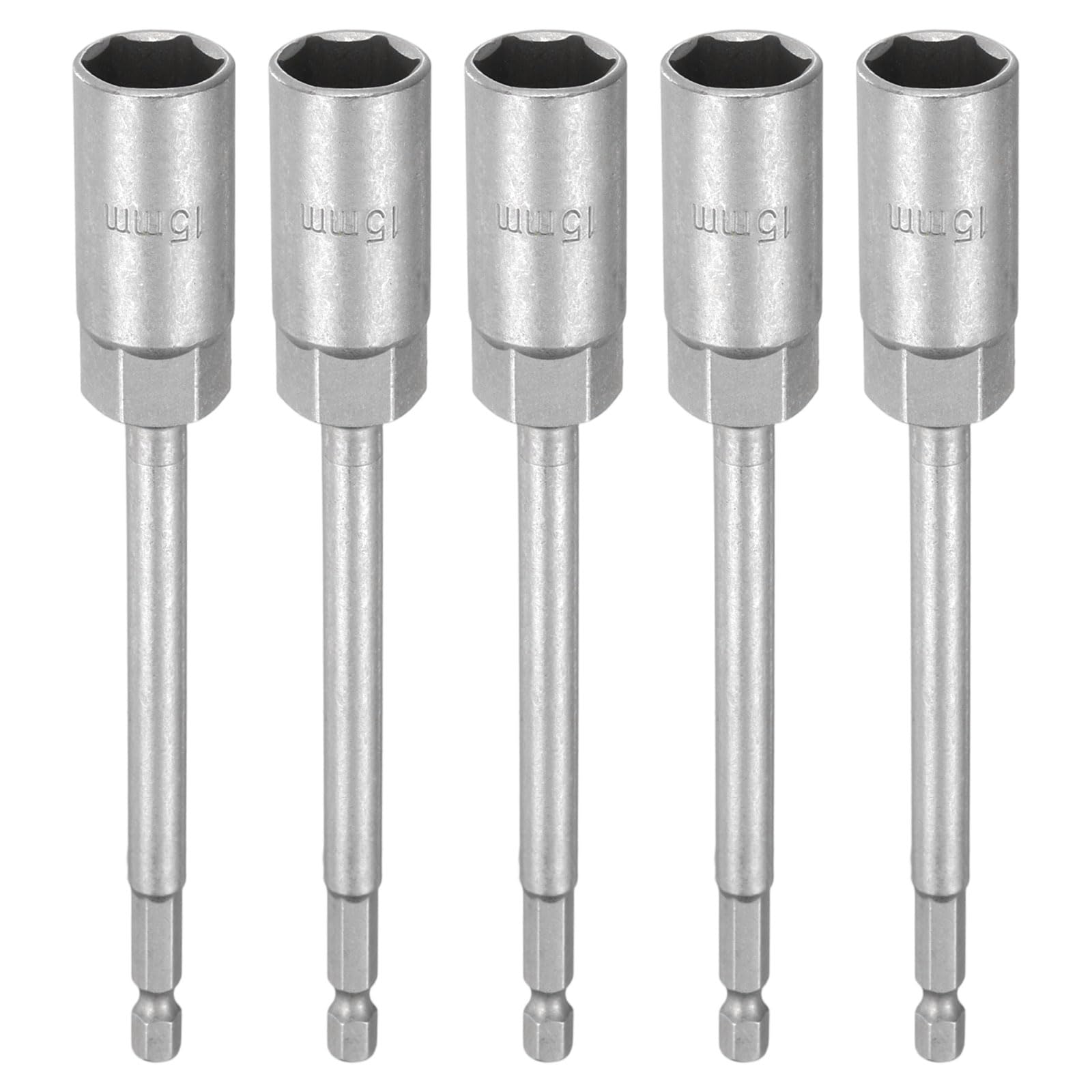 sourcing map 5pcs Nut Driver Drill Bit 15mm Metric Impact Socket 1/4" Hex Shank 6" (150mm) Extra Long 6-Point Sockets Quick-Change CR-V Steel Bolt Setter for Power Drill Drivers — image 1