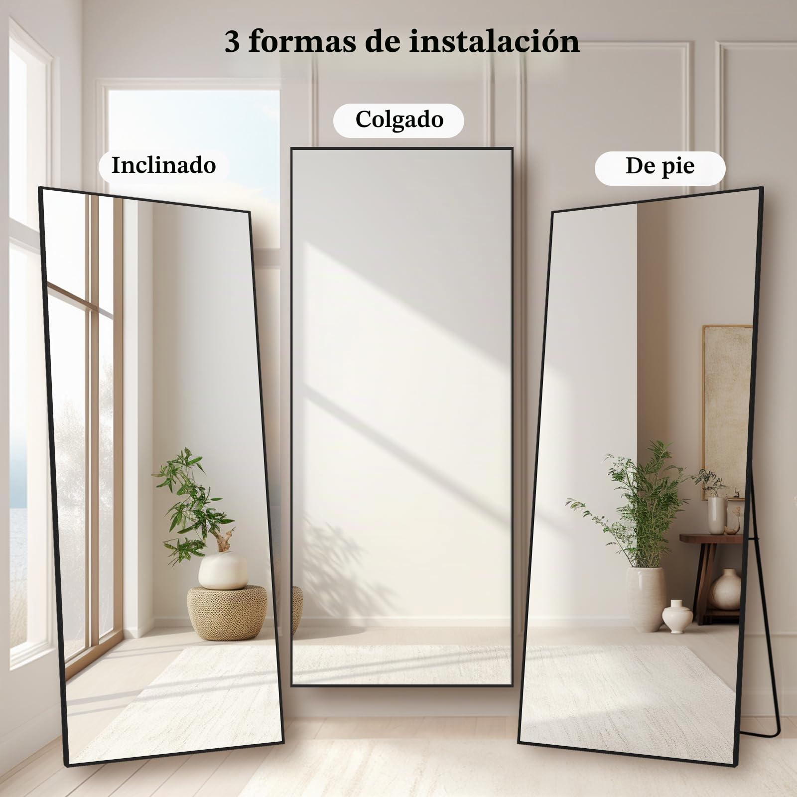 Espejos de Cuerpo Completo de Gran Tamaño Espejo Grande Independiente de Pie Espejo de Pared de Cuerpo Completo para Dormitorio, Sala de Estar y Entrada, Marco Rectangular Negro, 180x76 CM