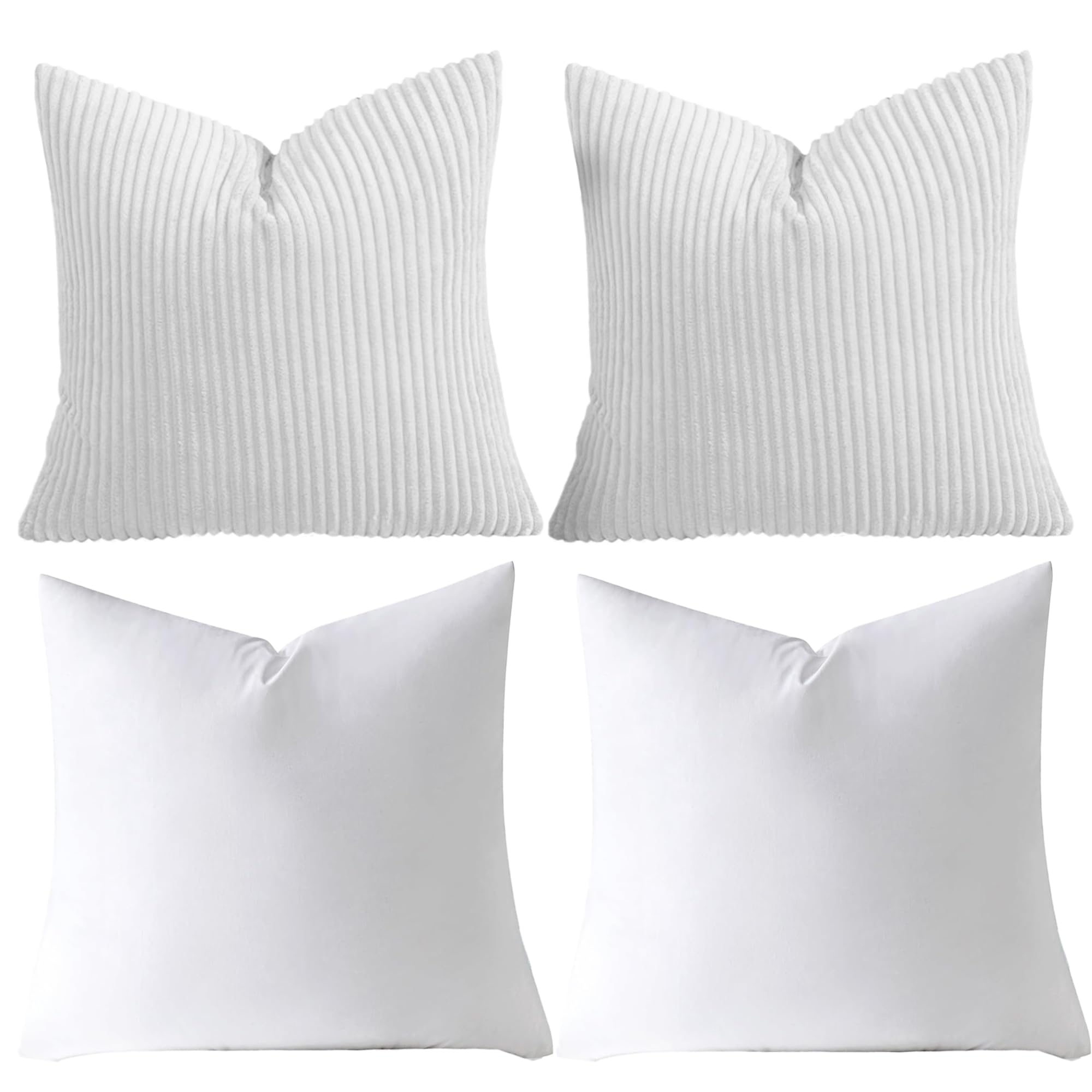 AMEHA Stripe White Velvet Cushions with covers included Pack of 2 (2 Covers 45 x 45 cm, 2 Inserts) Square throw Pillowcases with Invisible Zipper for Sofa Bed Livingroom 18”x18” inches