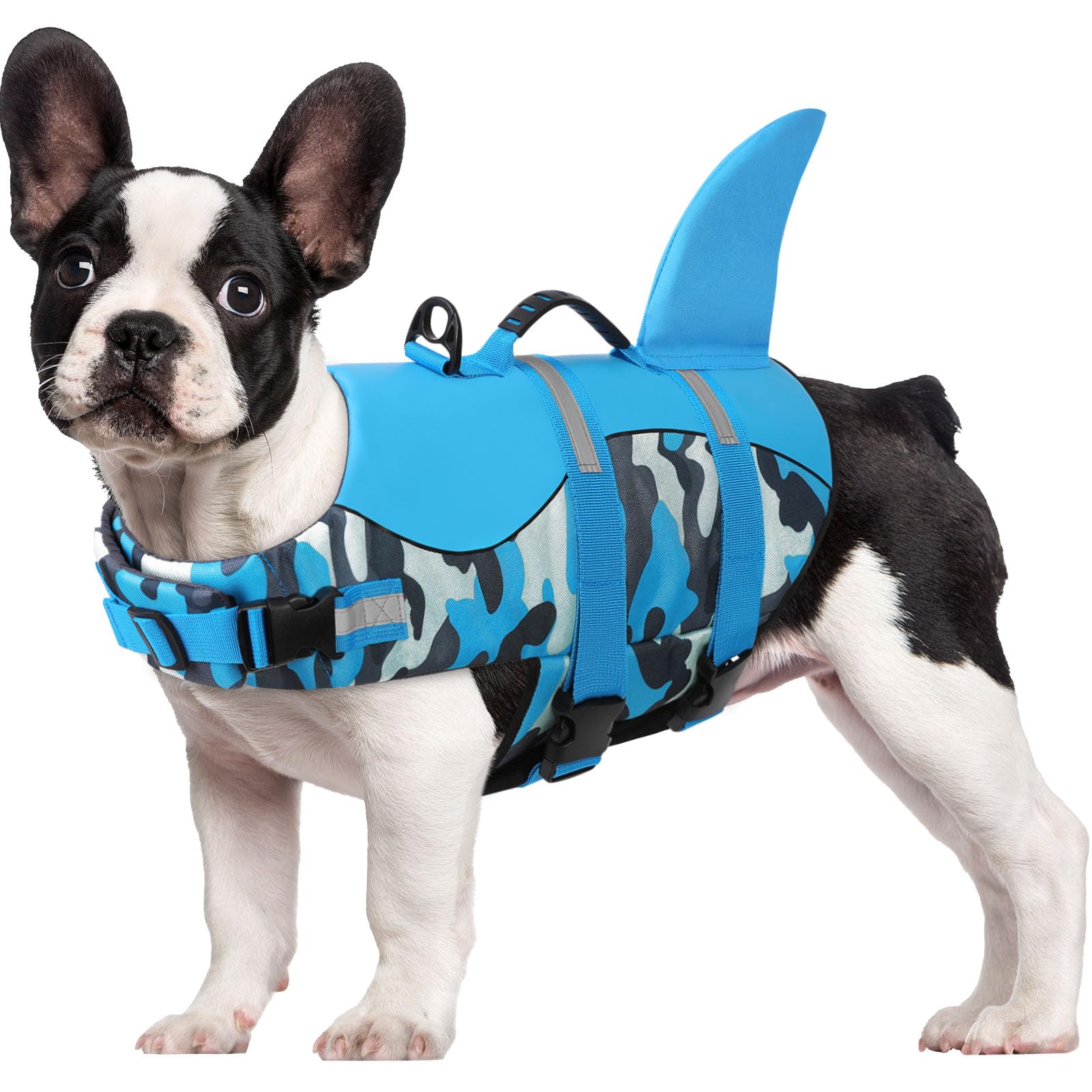 CITÉTOILE Salvagente per Cane, Giubbotto Salvagente per Cani, Ripstop Regolabile Squalo Giubbotto di salvataggio, Leggero e Sicuro per Gli Sport Acquatici, Blu mimetico, M