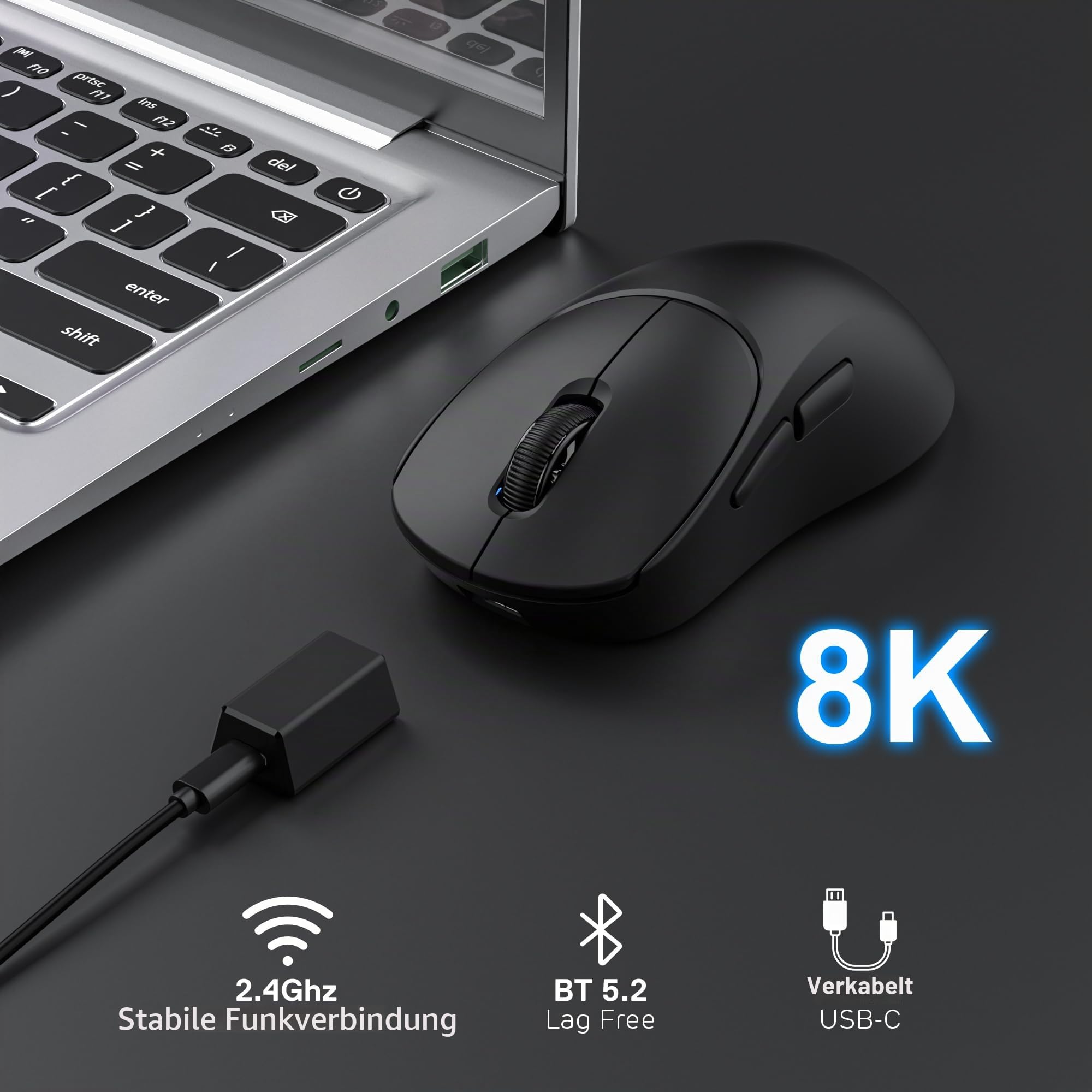 RK ROYAL KLUDGE MG5 8K kabellose Gaming-Maus, 42000 DPI, PAW3950-Sensor | 56g leichte ergonomische Computermaus, duale 8000Hz Abfragerate, 2,4 GHz/BT/USB-C, Gaming-Zubehör für PC/Laptop/Mac