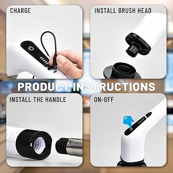 Electric Spin Scrubber- Ditch the Scrubbing! Long Handle Shower Scrubber with 9 Replaceable Heads - 2 Speed Cordless Brush Ensures Long Battery Life, Modern Design! (White)