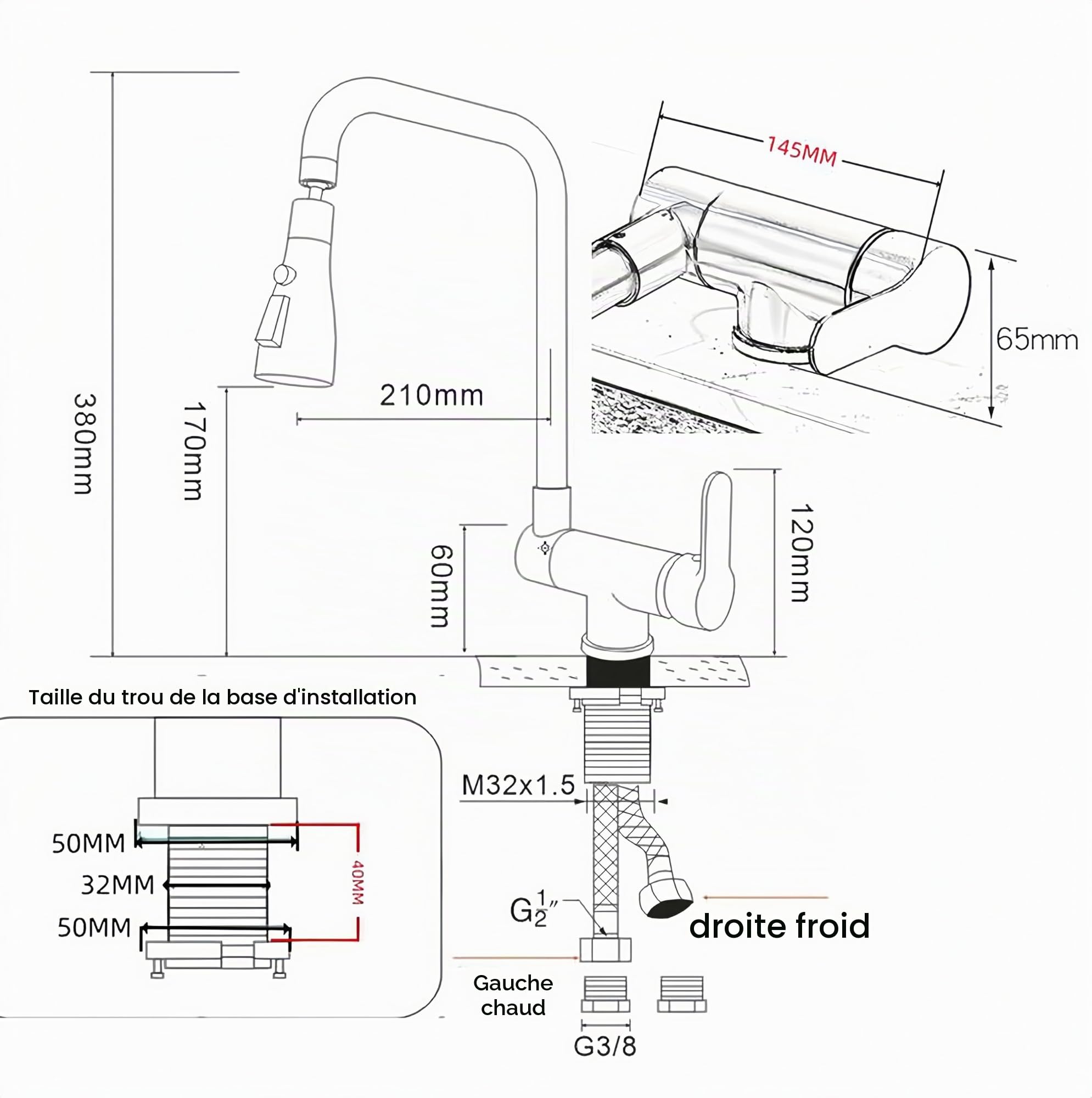 Mitigeur Cuisine Rabattable, Robinet Cuisine Rabattable Avec 3 Jets Modes,robinet Cuisine Pliable Pour Fenêtre,Mitigeur Evier Cuisine En Acier Inoxydable 304 Brossé (Brossé)