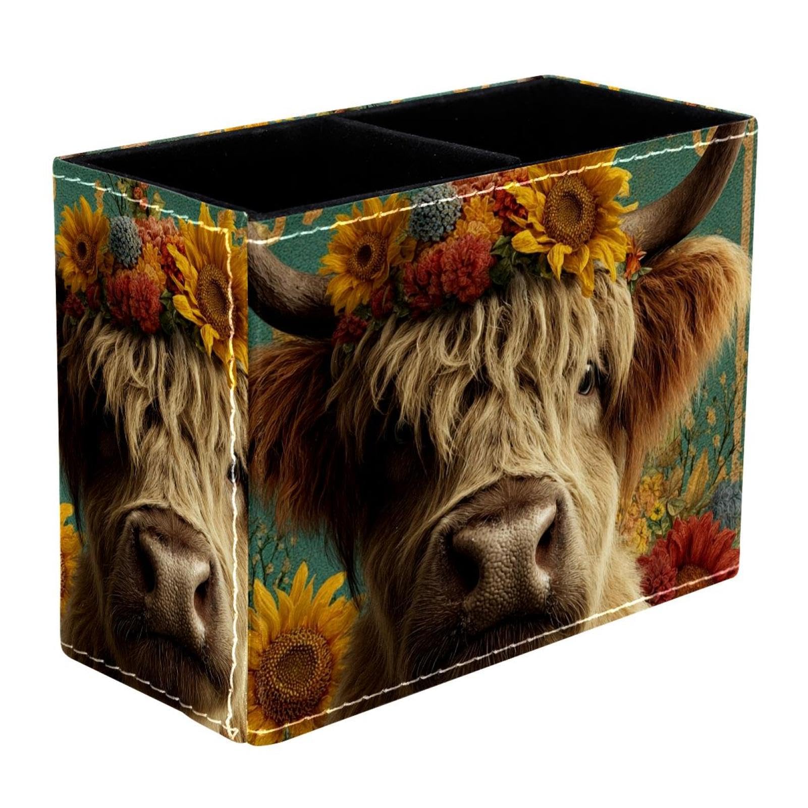 sanfly fish Watercolor Sunflower Yak Leather Pencil Holder: Multifunctional Desk Organizer Case for Office and Home, Aesthetic Rustic Retro Design Perfect for Teachers,Office Workers