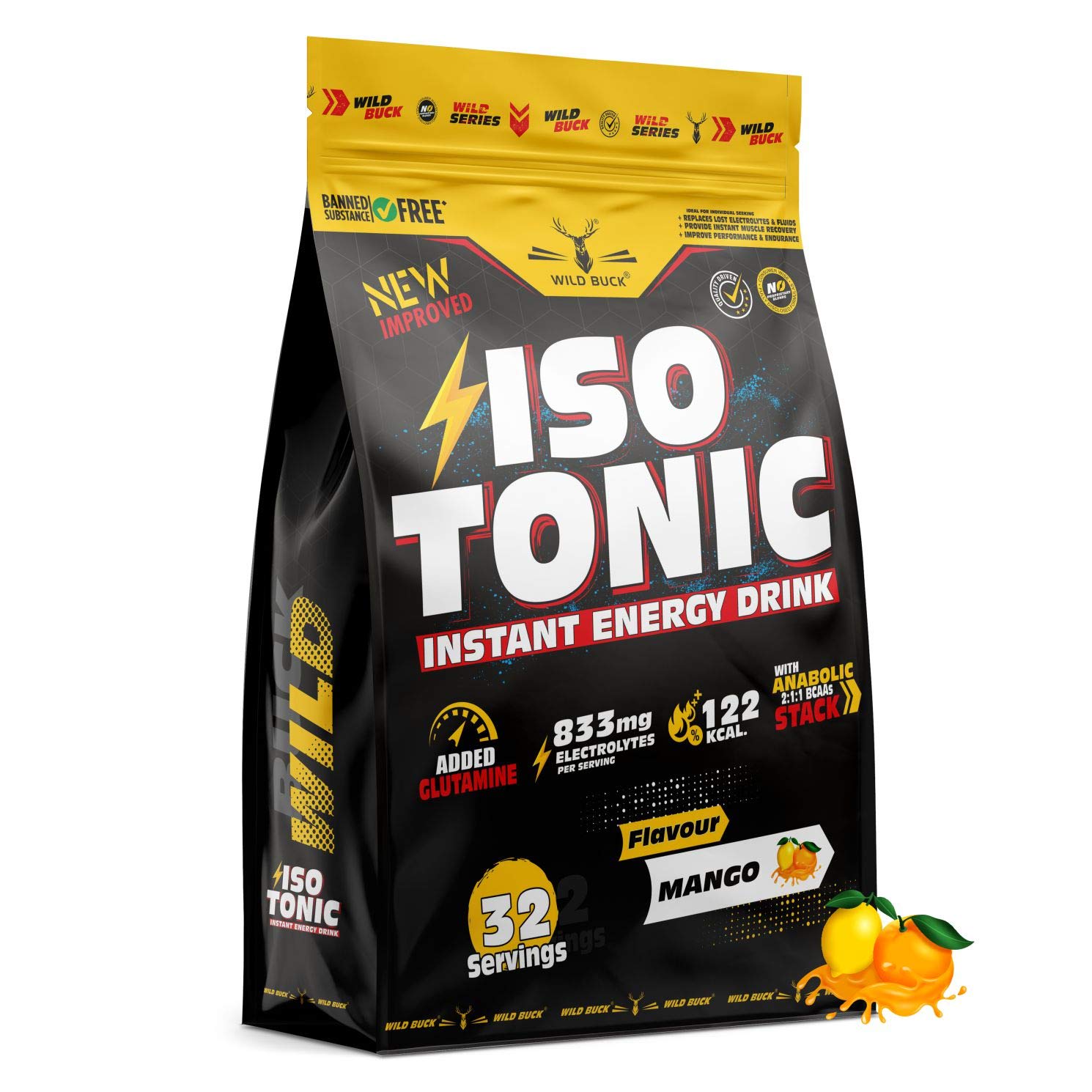 WILD BUCK Isotonic Instant Energy Drink Formula, Workout Electrolyte Energy Drink With Anabolic Stack 2:1:1 Bcaa, Dextrose Monohydrate And L-Glutamine | 833Mg Electrolytes [32 Servings, Mango] (B092HYHGF6) Amazon Price History, Amazon Price Tracker