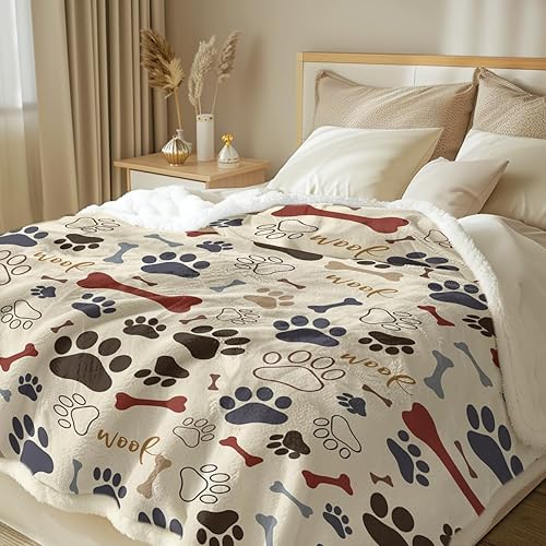 Miniatura 2 de Sleepwish Manta de forro polar con estampado de patas y huesos de perro para niños, manta sherpa de felpa suave de color amarillo claro para sofá,