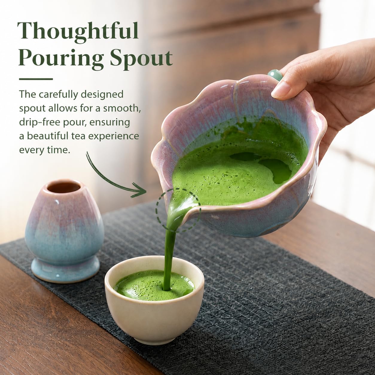 Lot de 5 bols à matcha avec bec verseur en forme de fleur bleu rose Chasen, fouet en bambou, support de chasa, cuillère en bambou, passoire, service à thé matcha japonais