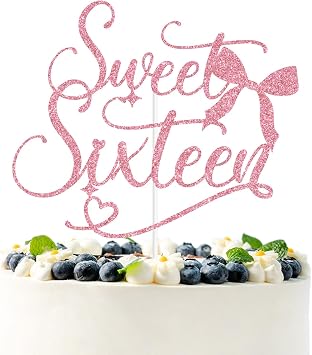 Pink Glitter Sweet Sixteen Cake Topper, Bowknot Happy Sweet 16/Cheers to 16 Years, Bow Ties Tying Themed 16th Birthday Party Decorations Supplies