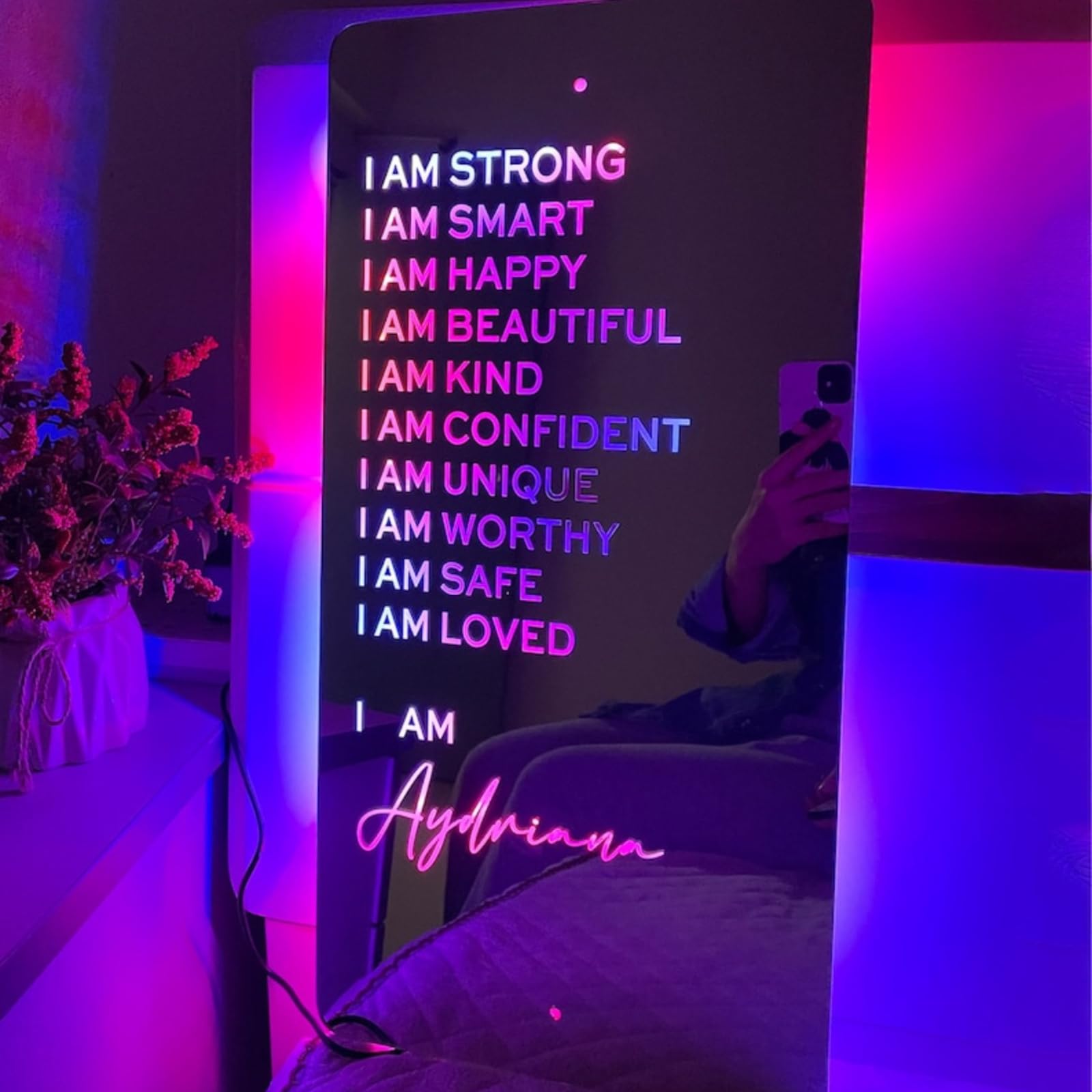 Gufacai Personalized I Am Affirmations Mirror Led Light Up Lamp with Remote,LED Name Sign,Custom Name Mirror Neon Signs Night Lights for Bedroom Wall Decor Christmas Birthday Gifts (30x15cm)