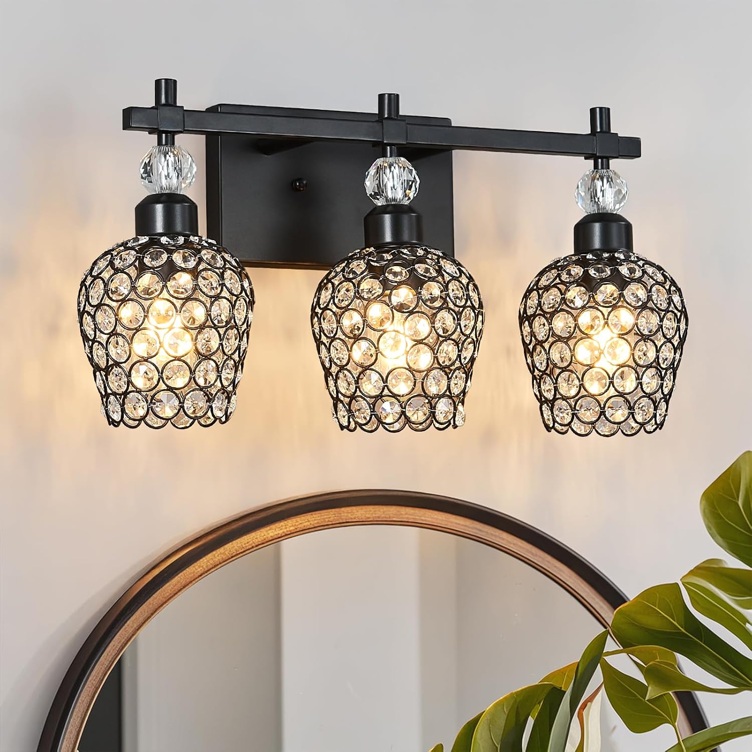 Modern Crystal Bathroom Light Fixtures - Black 3 Light Vanity Lighting with Crystal Wall Lamps Over Mirror