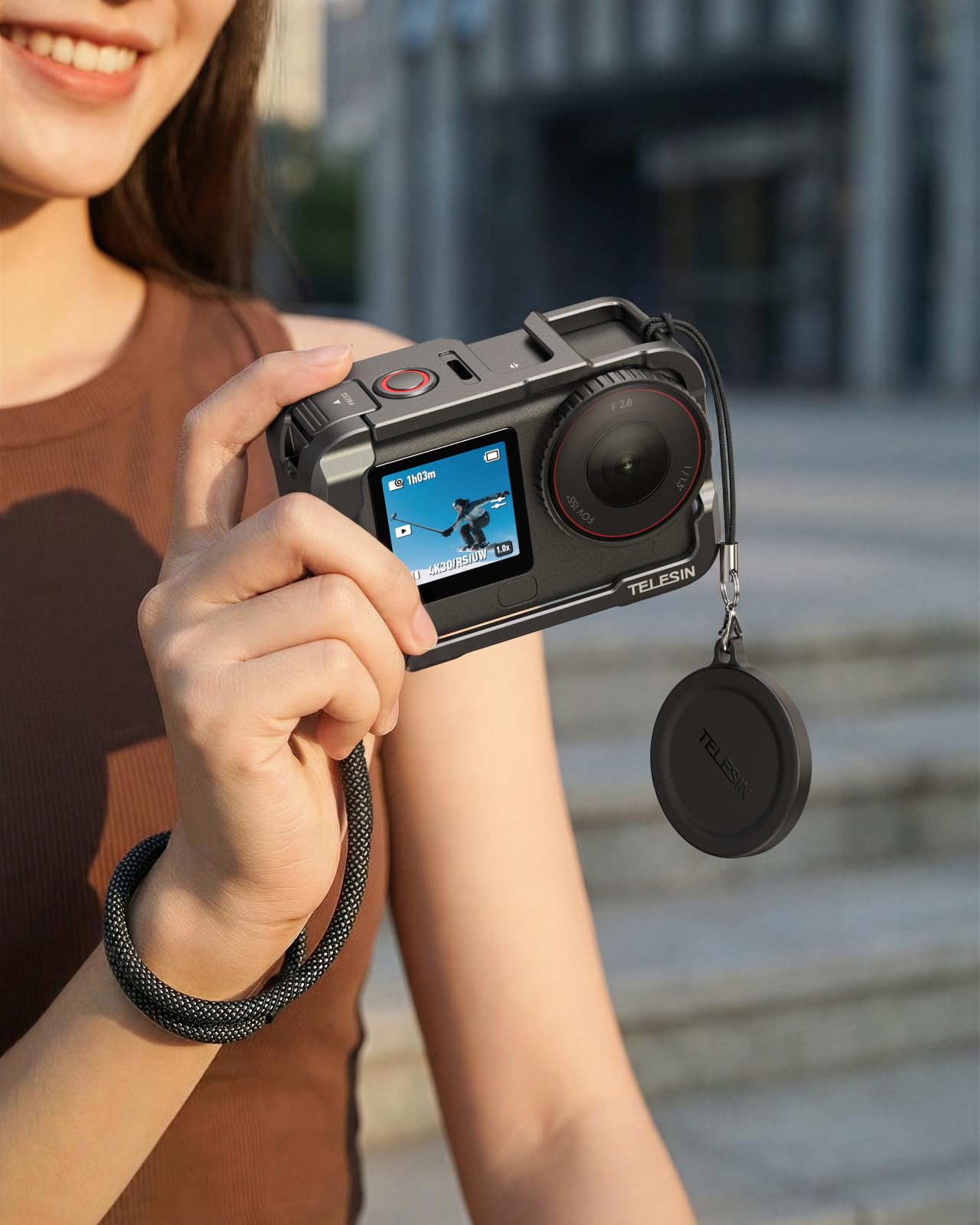 TELESIN Aluminium Schutzrahmen für DJI Osmo Action 6, CNC Metall Quick-Release Cage mit Objektivschutz, Batterie Schnellzugriff, Cold Shoe, 1/4"-Gewinde & Erweiterungsports für Action & Outdoor