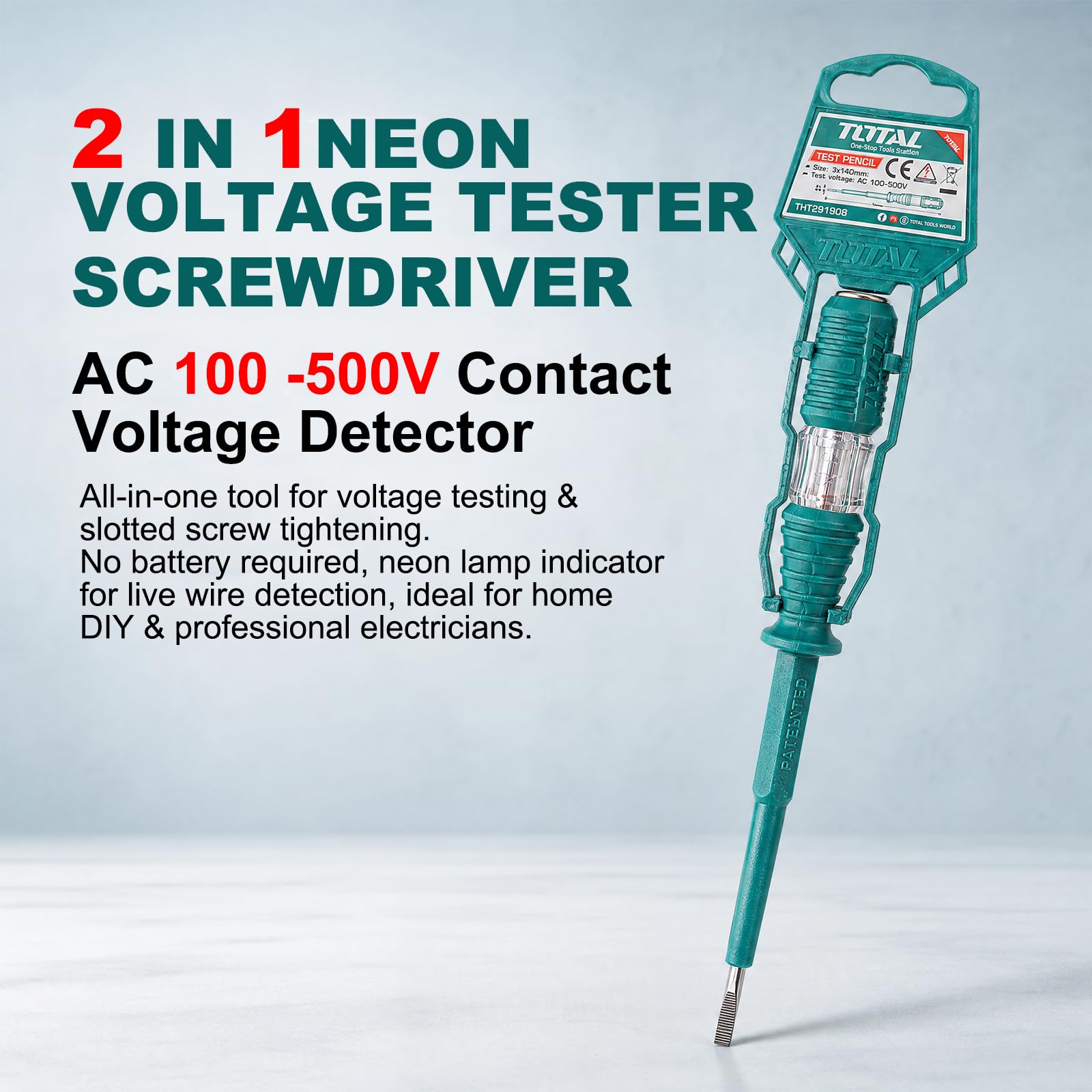 TOTAL Voltage Tester Screwdriver 100-500V AC | 2-in-1 Phase Tester & Slotted Screwdriver | Insulated Electric Tester Pen | Durable & Easy to Use for Home & Electricians — Amazon image 2