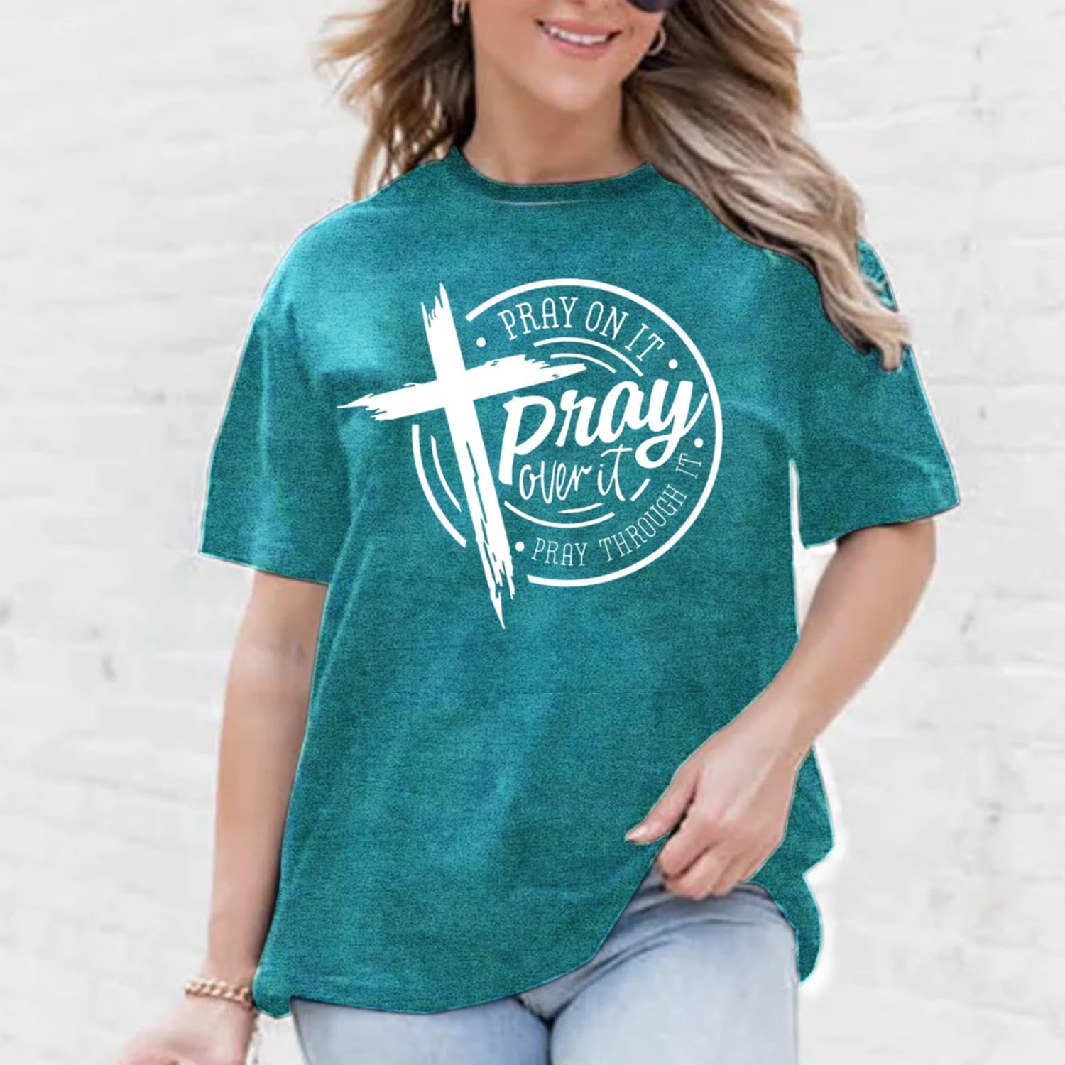 Christian Shirts for Women Pray On It Over It Through It T-Shirts Blessed Christian Faith Tees - Image 2