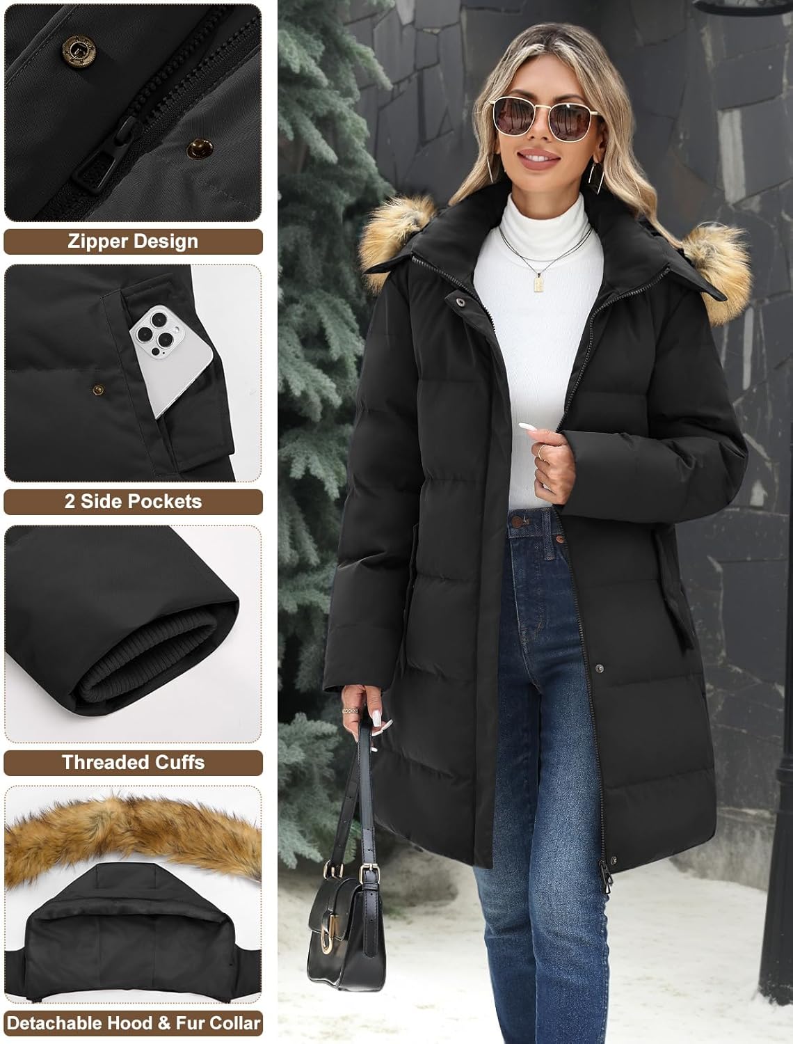 Wiepux Women's Long Winter Puffer Coat Warm Jacket with Faux Fur Removable Hood Windproof Parka Outwear - Image 3