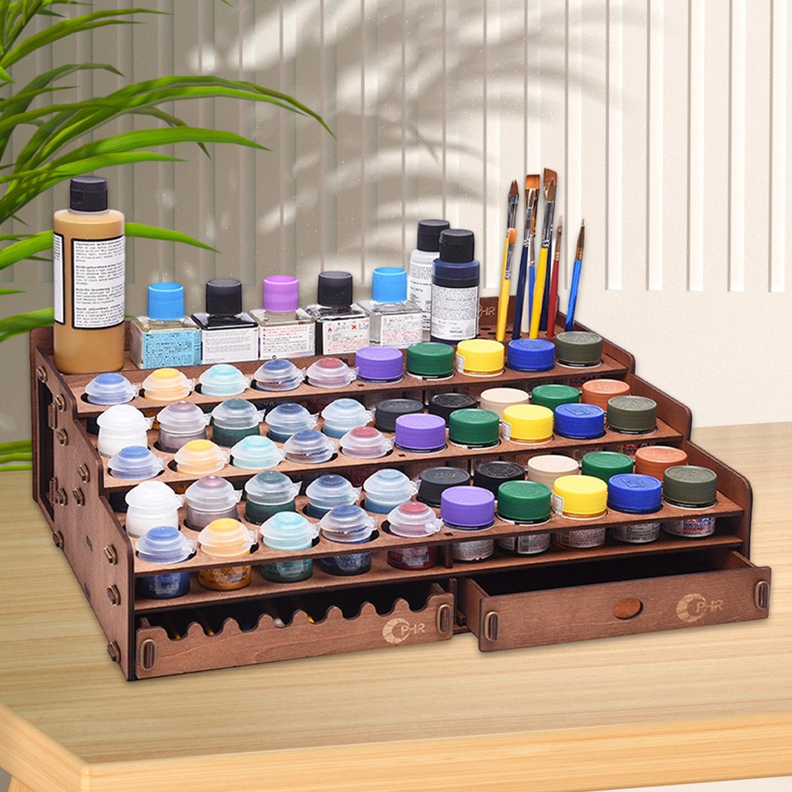 Accessoires pour peinture : support en bois avec porte-pinceaux décoratif, grande capacité, idéal pour les artistes et, 50 Trous