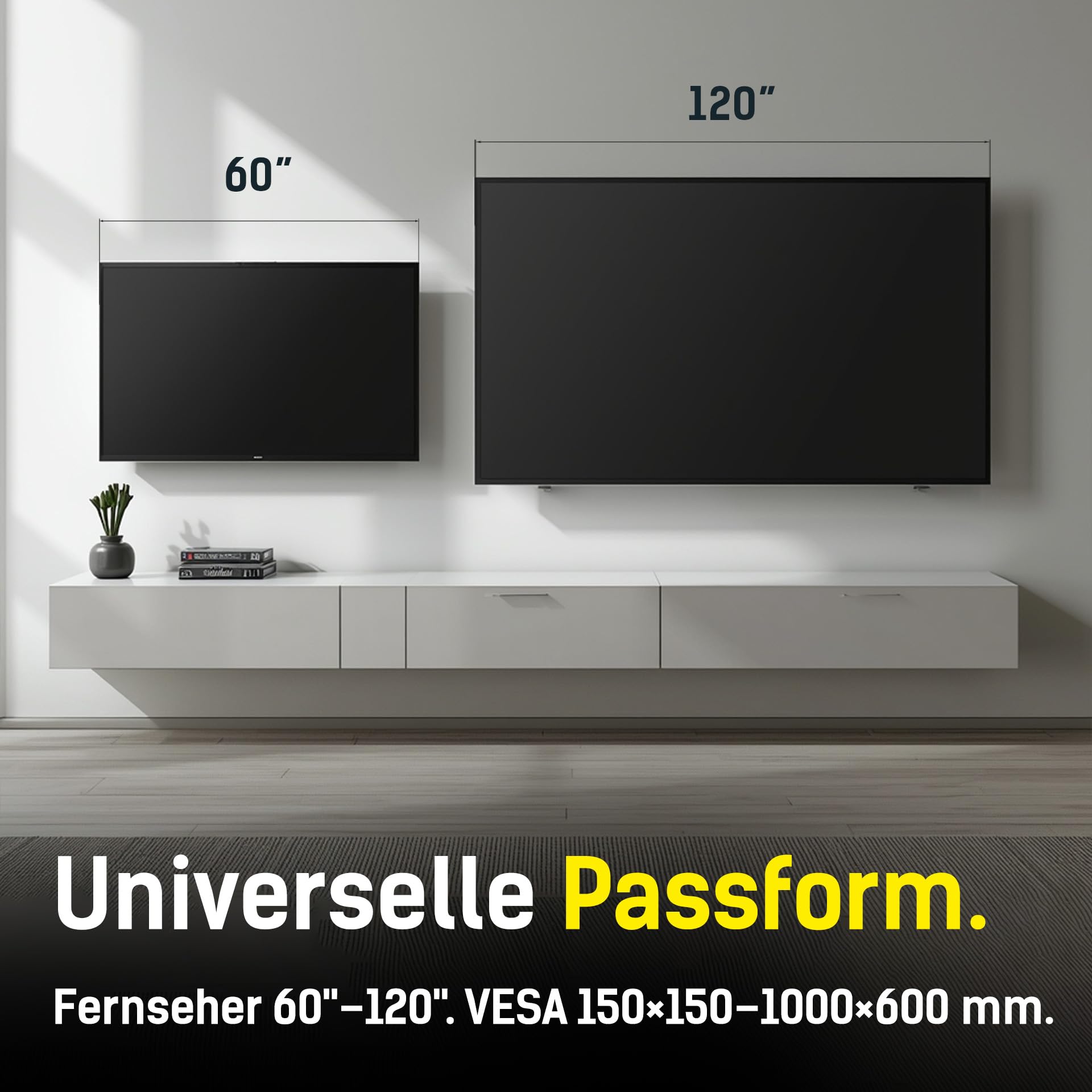 H Hardy TV Wandhalterung MaxX 120 Flach 60-120 Zoll Bis 120 kg | Nur 28 mm wandnah mit rückseitigem Sicherungsverschluss, VESA 150x150-1000x600 mm, inklusive Wasserwaage und Montageset
