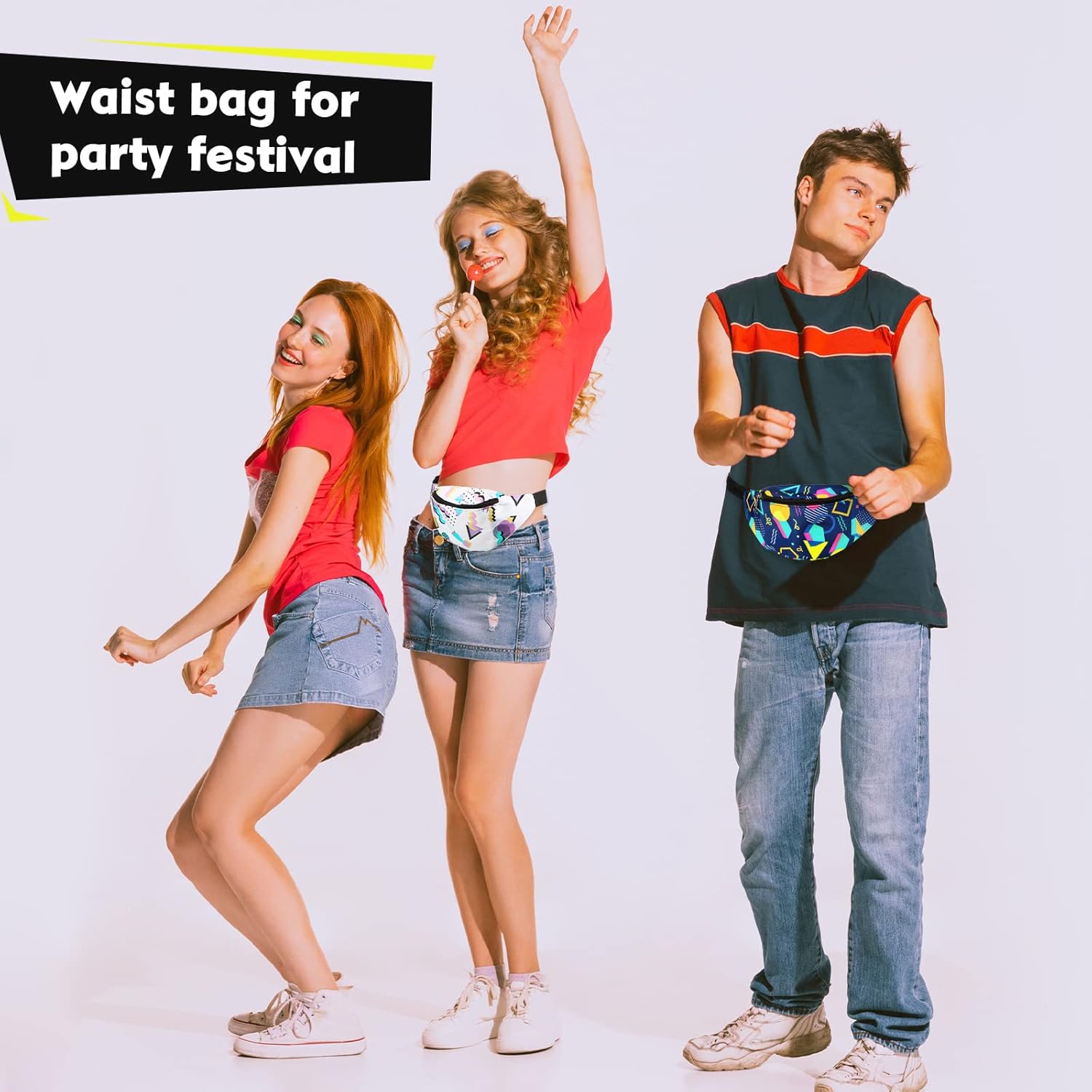 3 Pcs 80s 90s Fanny Packs Retro Neon Waist Bags 80s 90s Outfit Accessories for Men Women Adjustable Casual Bags Vintage Hiking Belt Waist Packs for Halloween Rave Party Accessories(Novel Style) - Image 6