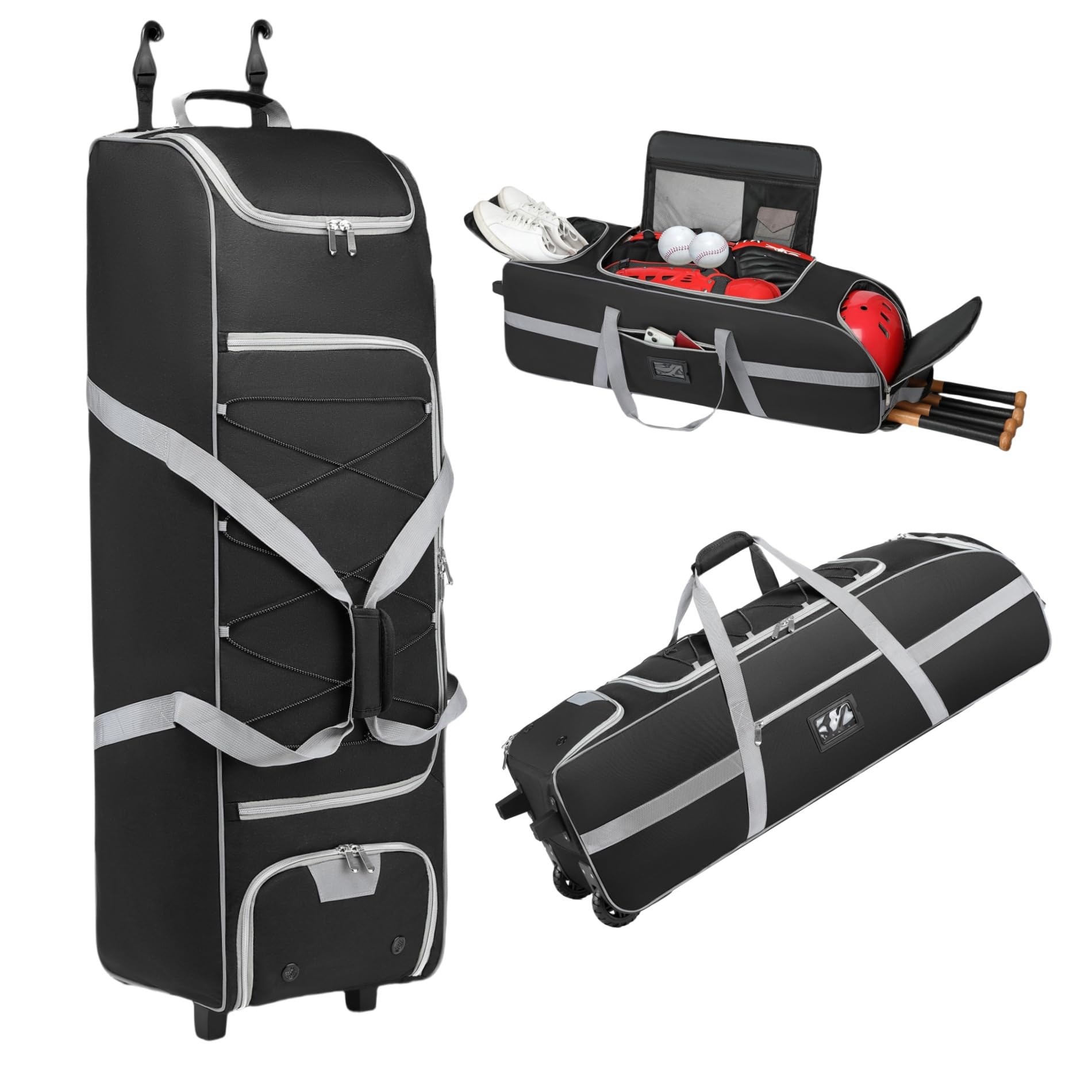 Large Catcher Gear Bag with Wheels, Rolling Baseball Bag Holds 4 Bats & Helmet, Multi-Pocket Duffle with Fence Hook, Durable Baseball/Softball Equipment Bags(39.0x11.8x11.8in)