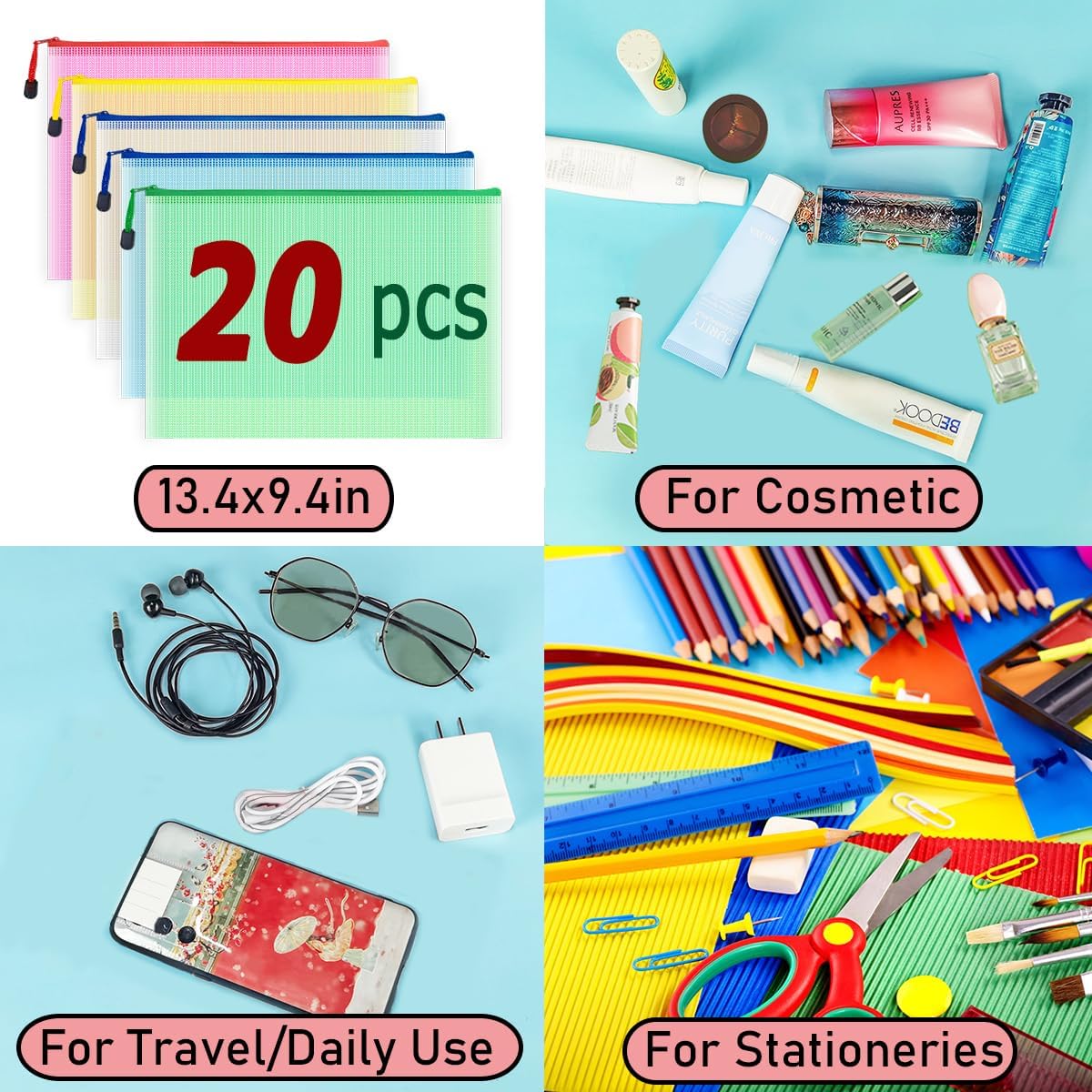 AUSTARK 20pcs Mesh Zipper Pouch Bags, Multipurpose Waterproof Organization Storage Bag for Office School Home Travel (A4 Size 13.4''x9.4'', Multicolored)