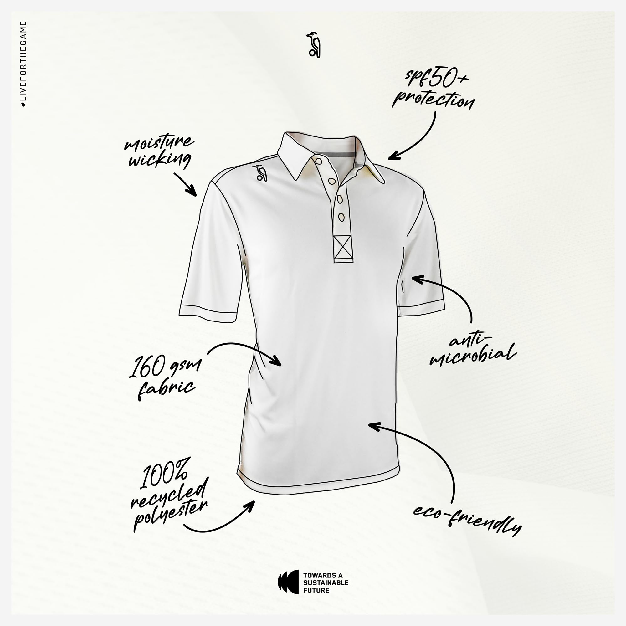 Kookaburra Elite Eco Cricket-Shirt – kurzärmeliges Match-Shirt mit recyceltem Polyester, Staycool Tech, SP50+ Sonnenschutz & Stretch-Passform – normale Passform