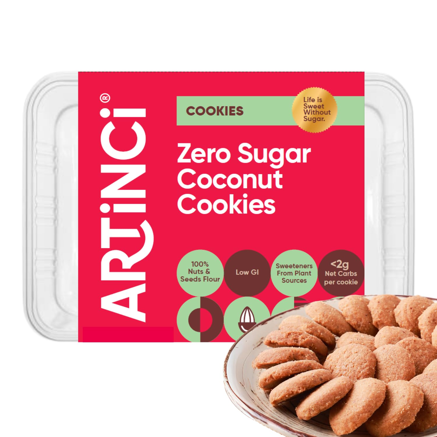 Artinci Coconut Cookies (185g), Sugar Free Biscuits for Diabetic Patients, No Maida, No Palm Oil, Keto Friendly & Low Carb Digestive Biscuits, Healthy Snacks, As Seen on Shark Tank India