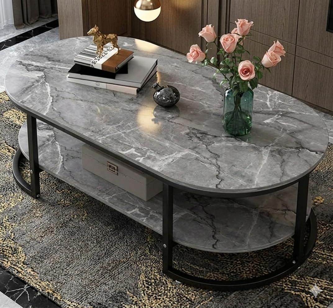 Welltrade Shoppee Coffee Table for Office, Dining, or Tea Room, Storage Shelf Center Table for Living Room, 2 Tier Simple Coffee Cocktail Table with Marble Desktop and Gold Metal Frame (Black & Grey)