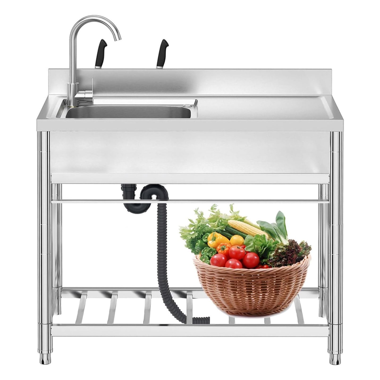 Évier de Restaurant Commercial en Acier Inoxydable, évier Utilitaire autoportant avec Plan de Travail et étagère inférieure, Robinet à Un bac et Tuyau d'évacuation pour Cuisine et