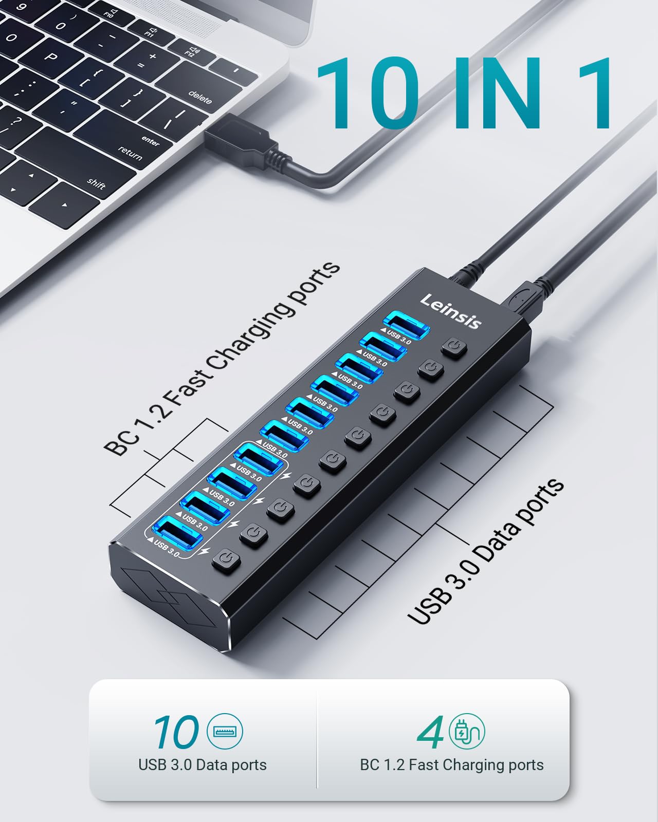 Alimenté USB Hub 3.0, 10-Port USB 3.0 Hub [Durable Aluminum] 10 Data Transfer Ports+ 4 Smart Charging Ports with Individual On/Off Switches, USB Hub 3.0 Powered with Power Adapter for Laptop PC