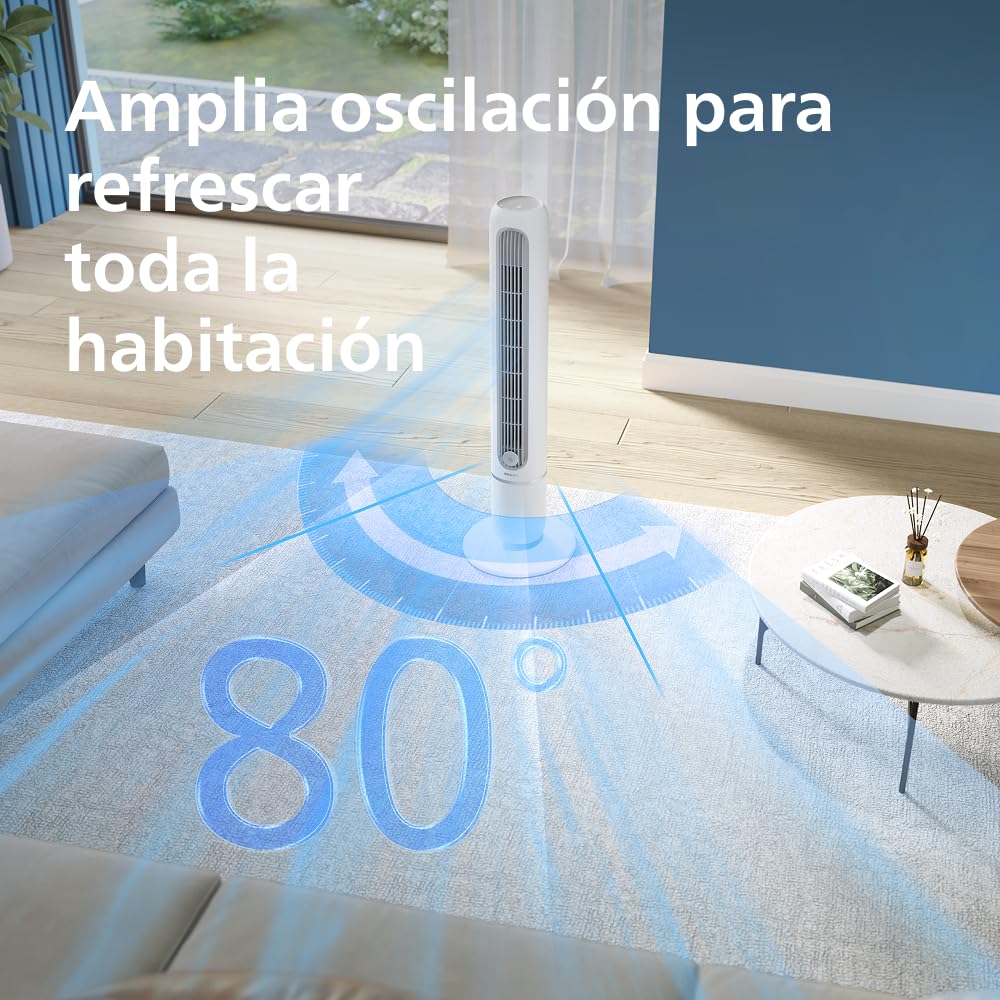 Philips Ventilador de torre Serie 5000 - Potente 8,1 m/s, ultrasilencioso 24 dB, ventilador torre bajo consumo energético, 5 velocidades, modo Sleep, temporizador de 9h, oscilación de 80° (CX5550/00)