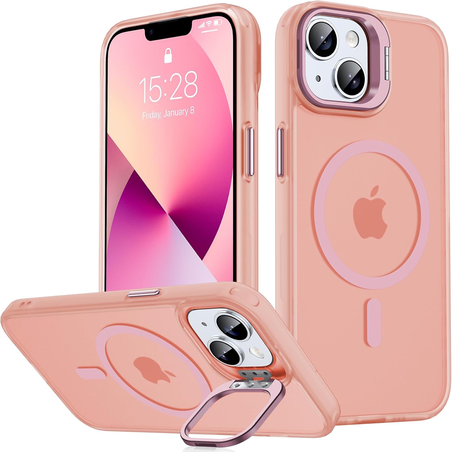 JAME Magnetic for iPhone 13 Case & iPhone 14 Case, [Built-in Lens Ring Stand] [Military-Grade Protection] Slim Translucent Matte Magnetic Phone Case for iPhone 13/iPhone 14 6.1″, Translucent Pink