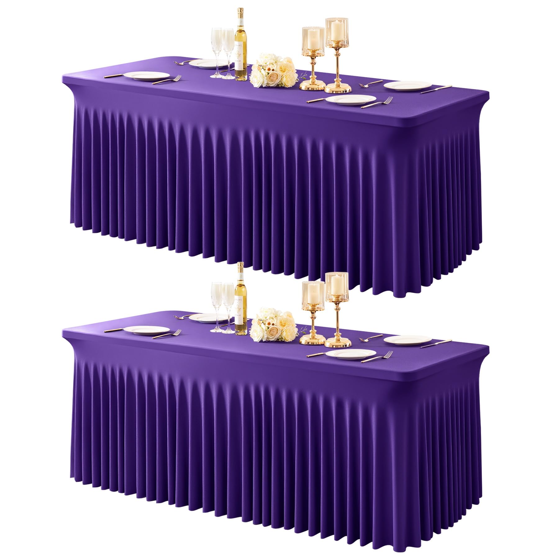 2 Packs Purple Table Clothes for 8 Foot Rectangle Tables, One-Piece Wrinkle Resistant Stretch Spandex Table Covers with Skirt for Event Banquet