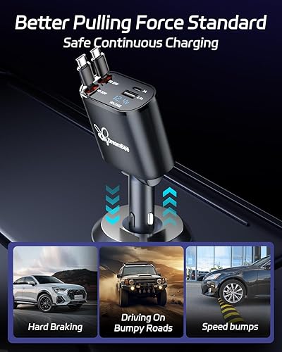 Miniatura 7 de Retractable Car Charger,66W Super Fast USB Car Phone Charger,Dual TypeC Retractable Cables (31.5 inch) and 2 USB Ports Car Charger Adapter for