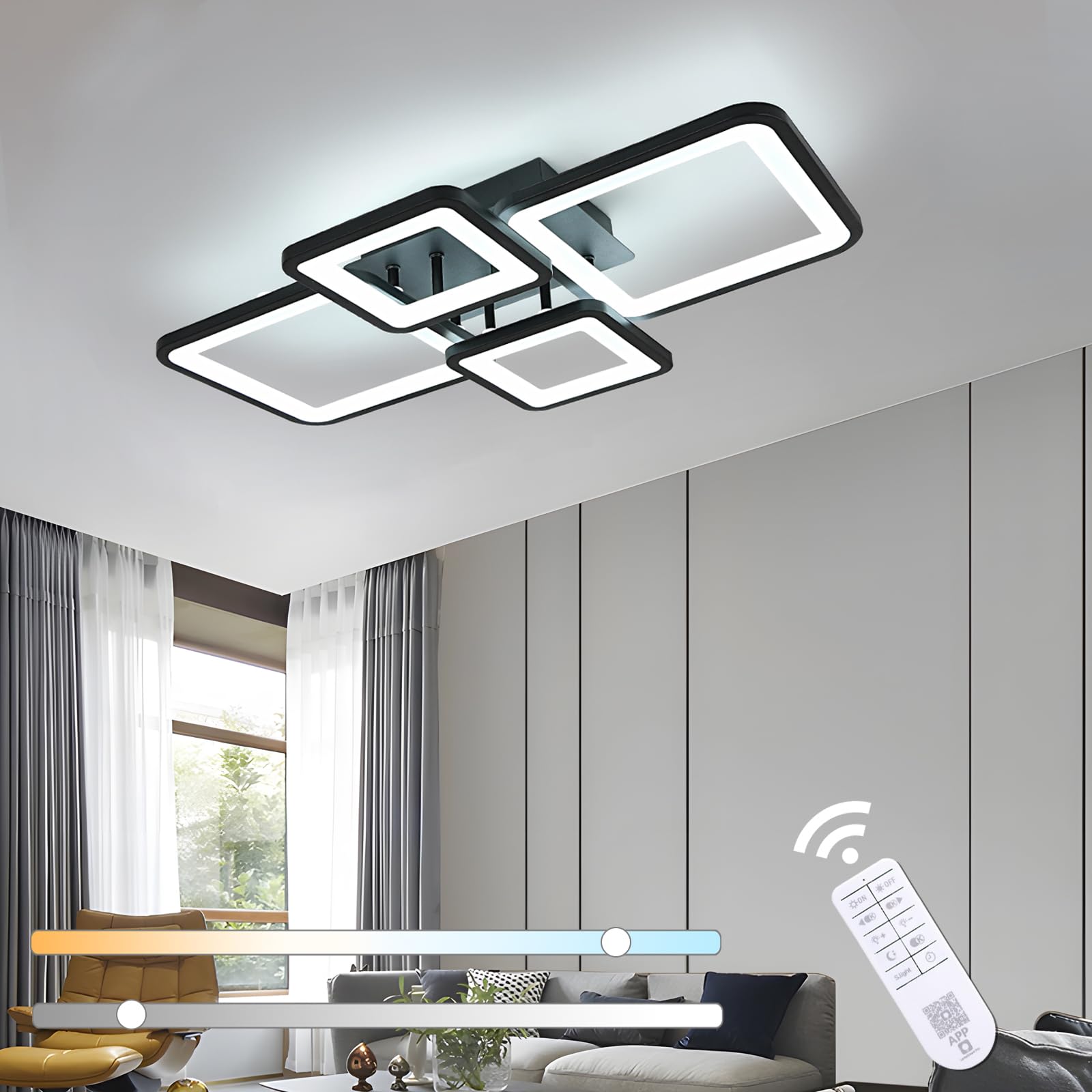 Toolight - Lámpara de techo LED, regulable con mando a distancia, 62 cm, para salón dormitorio, Negro | Toolight - Lámpara de techo LED, regulable con mando a distancia, 62 cm, para salón dormitorio