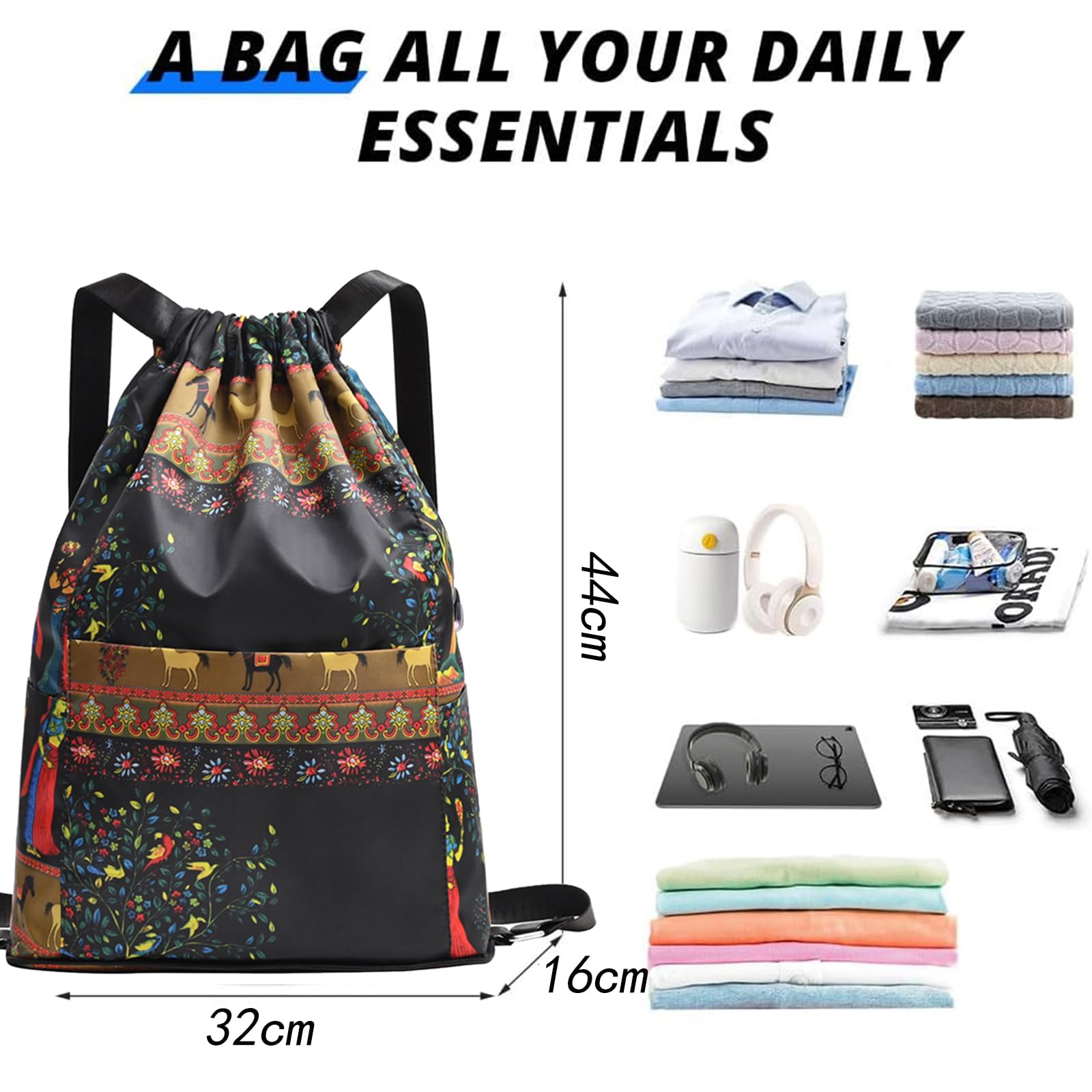 Sac de Sport à Cordon Grand, Sac à dos de sport de voyage de séparation sec-humide pliable de grande capacité de cordon, sac à dos imperméable pliable de cordon de serrage