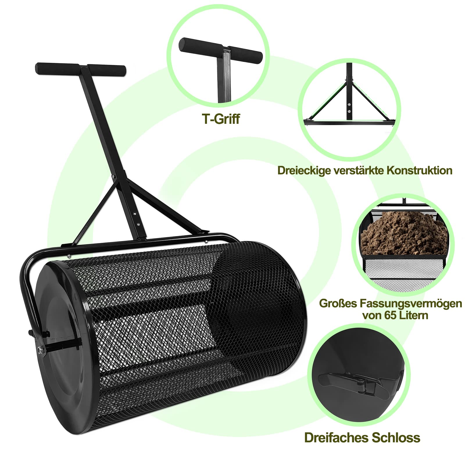 Spargitore per compost, da giardino con cestello in metallo da 65 x 40 cm e manico a T, 80 l, spargitore per semi da giardino (nero)