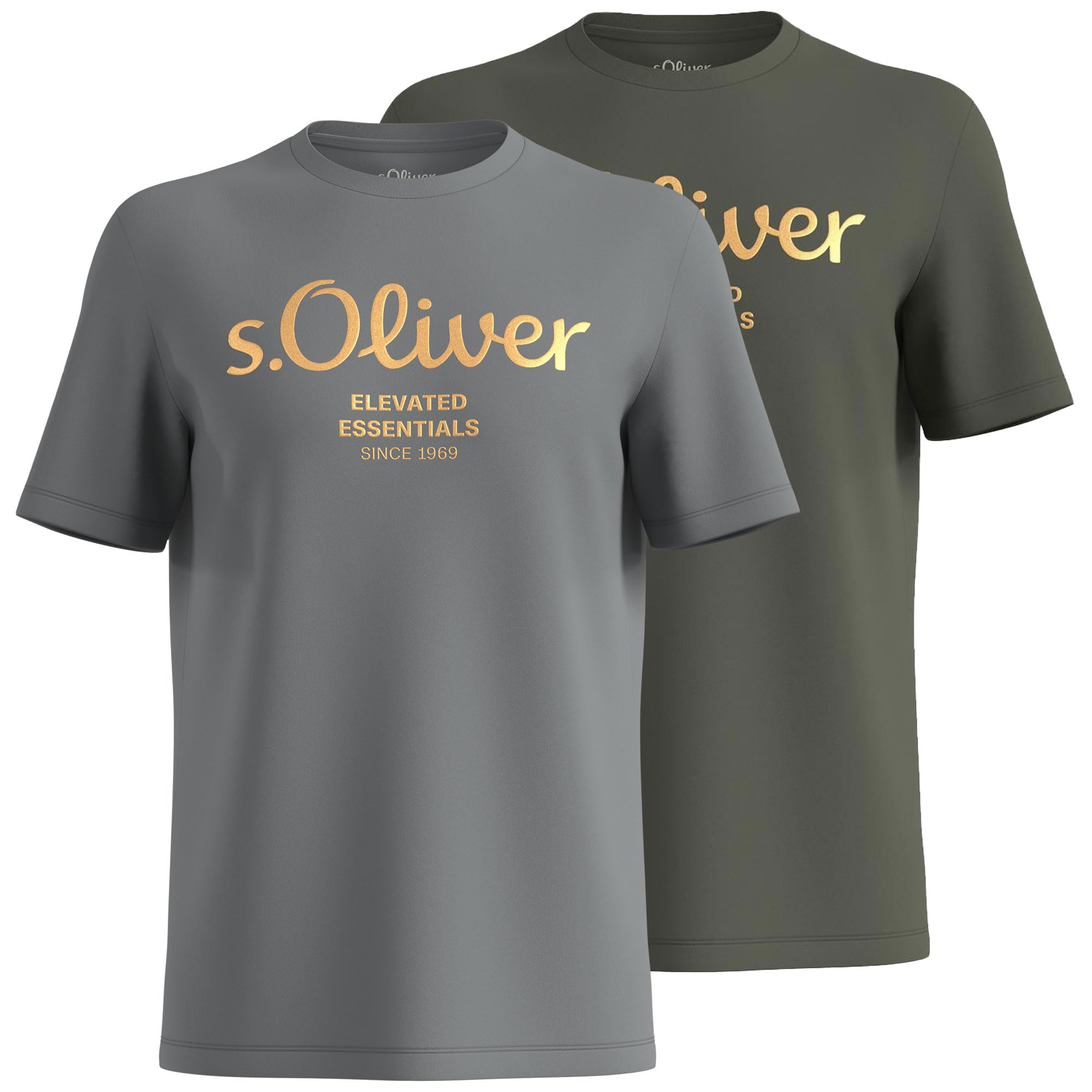 s.Oliver Herren T-Shirt mit Logodruck (DE/NL/SE/PL, Alphanumerisch, M, Regular, Regular, 1 x Oliv/Gold + 1 x grau/Gold)