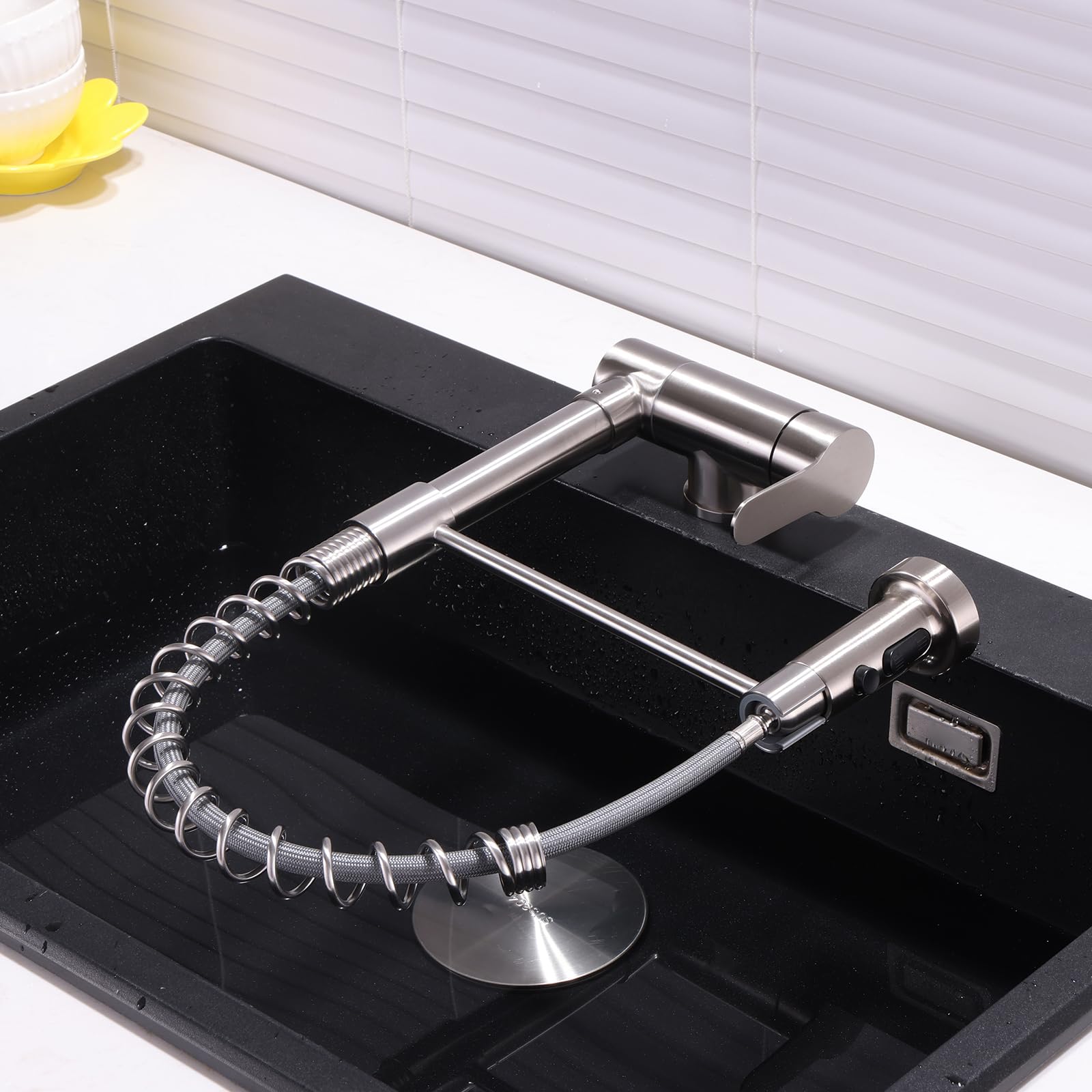 XJTNLB Grifo Cocina Abatible Bajo Ventana y Extraible Grifo Cocina Resorte Mezclador Fregadero Agua Fría y Caliente,Cepillado