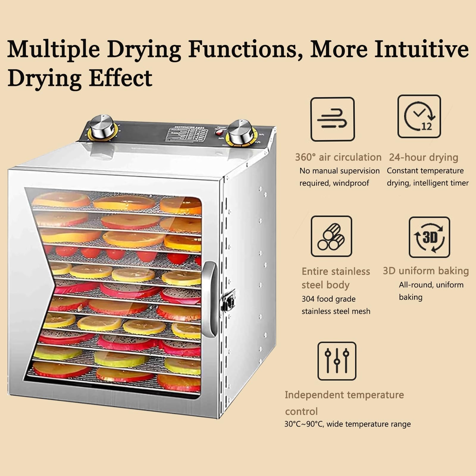 Liofilizzatore commerciale da 1000 W e disidratatore alimentare, disidratatore elettrico per carne secca a 6/8/12 strati, temperatura di 90°C e timer di 48 ore, disidratatore per carne secca, carne,