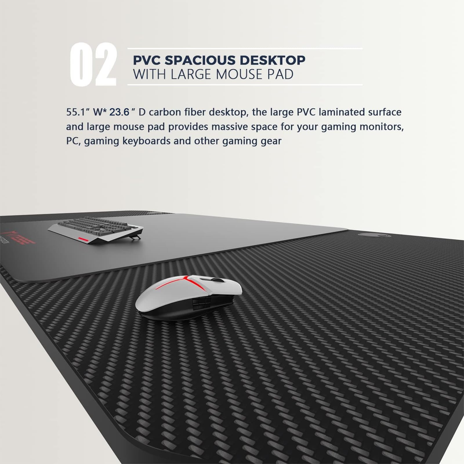 Close-up of the PVC spacious desktop with a large mouse pad, keyboard, and mouse