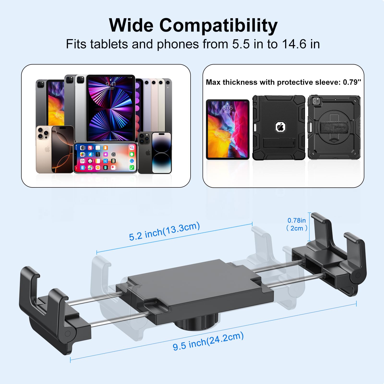 PLDHPRO Soporte de pared para tableta, iPad, para camión, tableta, base de perforación con 360 grados, brazo largo ajustable de 2 niveles para Samsung, Pro, Air, Mini, Firehd, pared, cocina, baño, 5,1