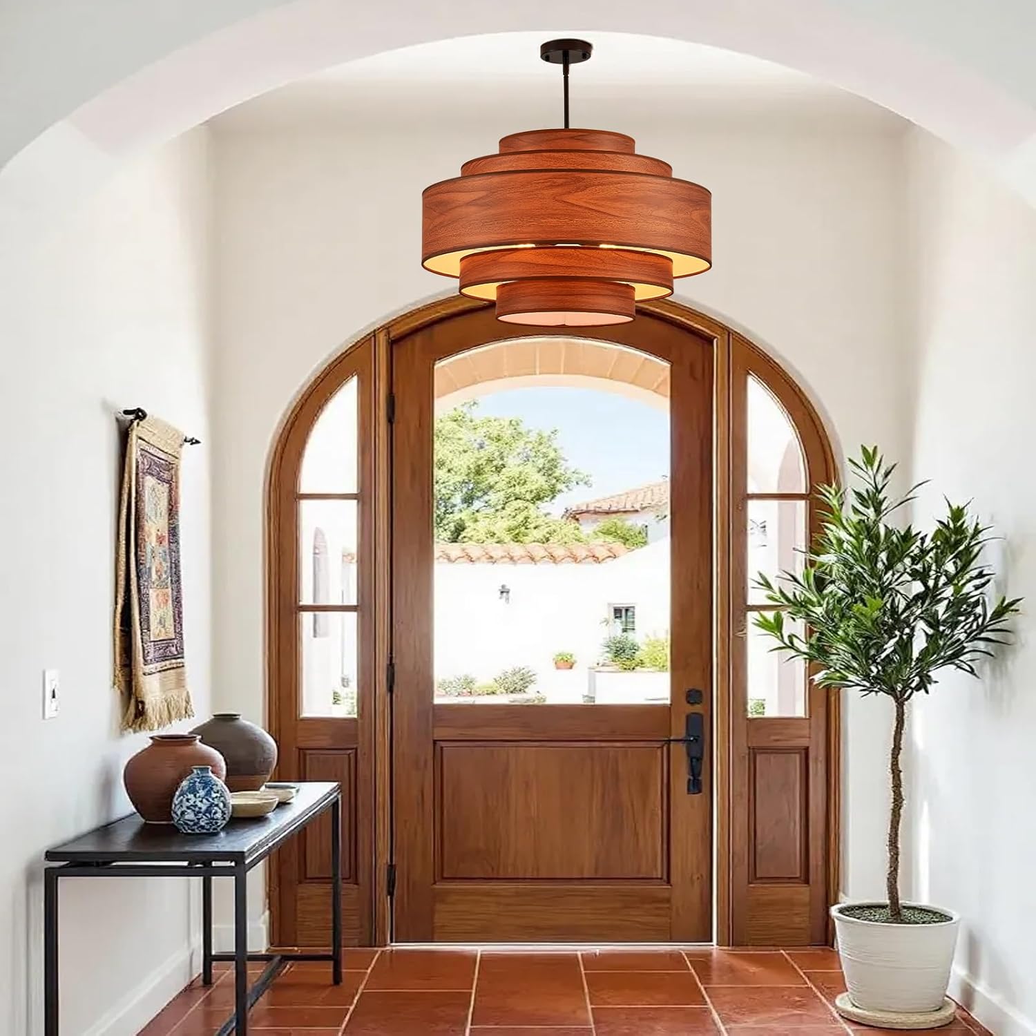 26" Modern Drum Chandelier Vintage Modern Chandelier Light Fixture with Linen Shade Retro Farmhouse Drum Chandeliers for Dining Room, Kitchen Island, Living Room, Bedroom